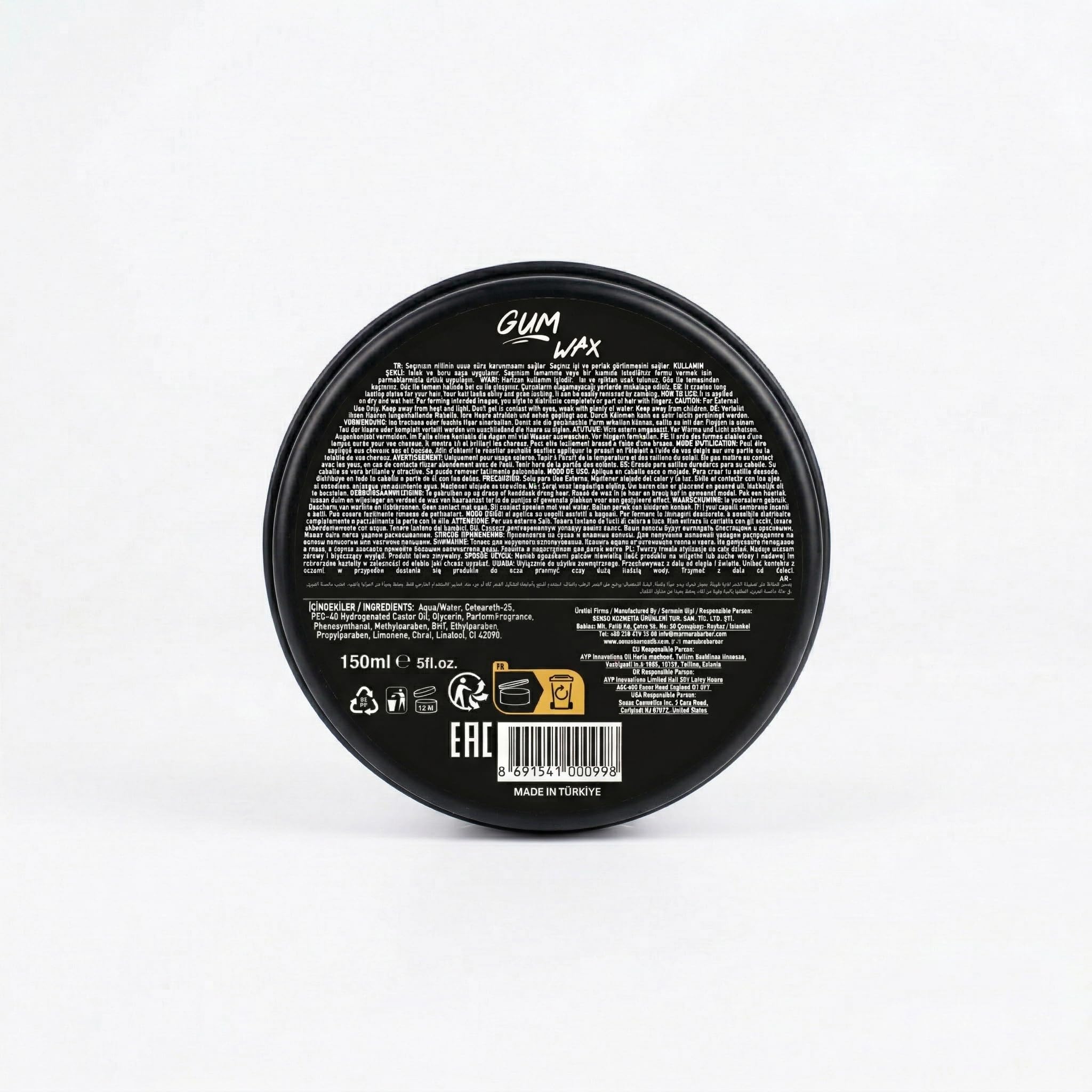 Barber Marmara Aqua Wosk do Włosów Gumowy Mocny Uchwyt Wysoki Blask Żel-Wosk Hybrydowy 150 ml, Wosk do Stylizacji na Bazie Wody dla Mężczyzn, Kontrola Krawędzi, Tekstura, Łatwe Spłukiwanie