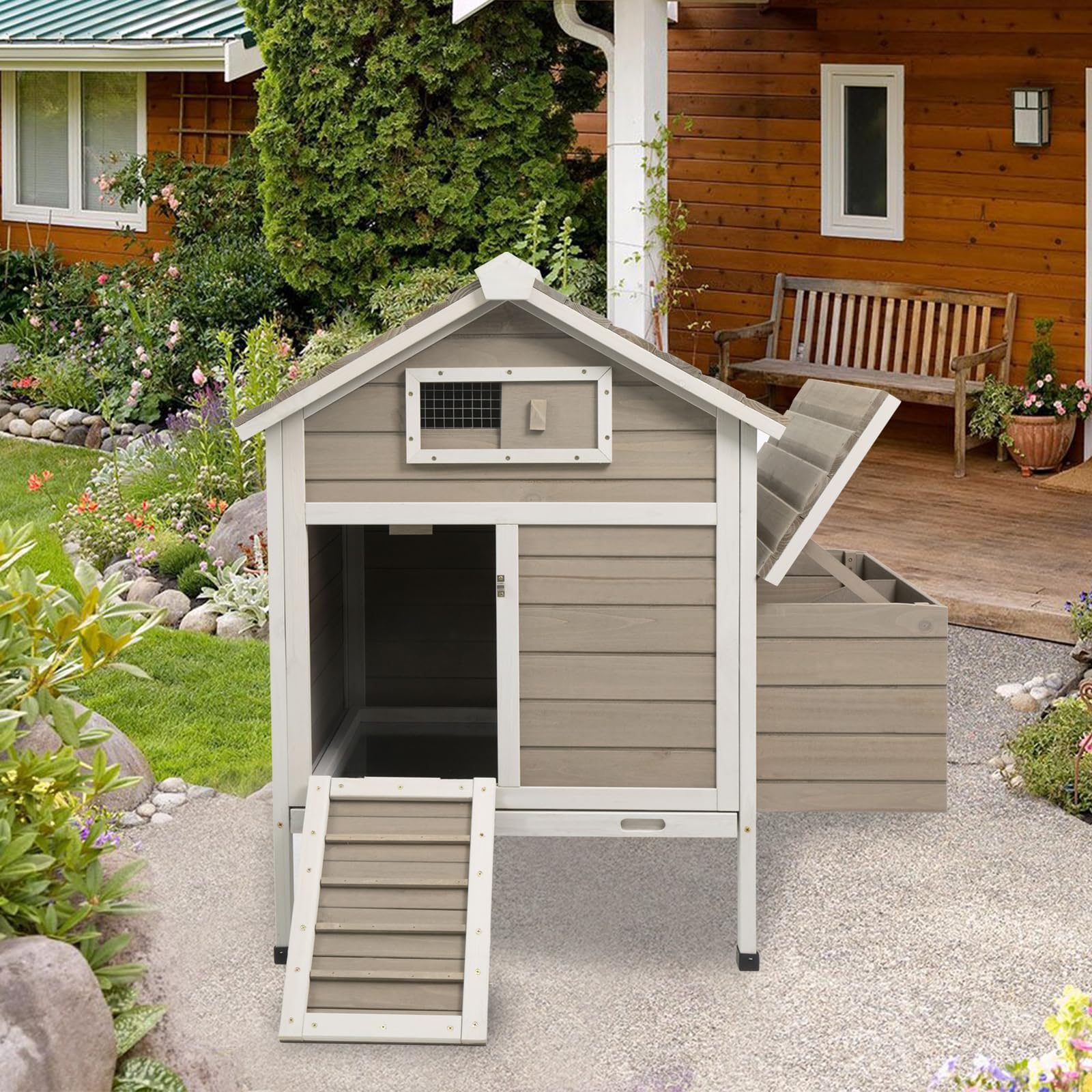 PetsCosset 32" Chicken Coop Wooden Hen House for 1-3 Chickens,Outdoor Poultry Cage with Pull Out Tray,Garden Backyard Chicken Coops Cages with Nesting Box,Chicken Houses Hen Cage with Ramp Run,Grey