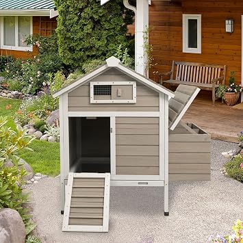 PetsCosset 32" Chicken Coop Wooden Hen House for 1-3 Chickens,Outdoor Poultry Cage with Pull Out Tray,Garden Backyard Chicken Coops Cages with Nesting Box,Chicken Houses Hen Cage with Ramp Run,Grey