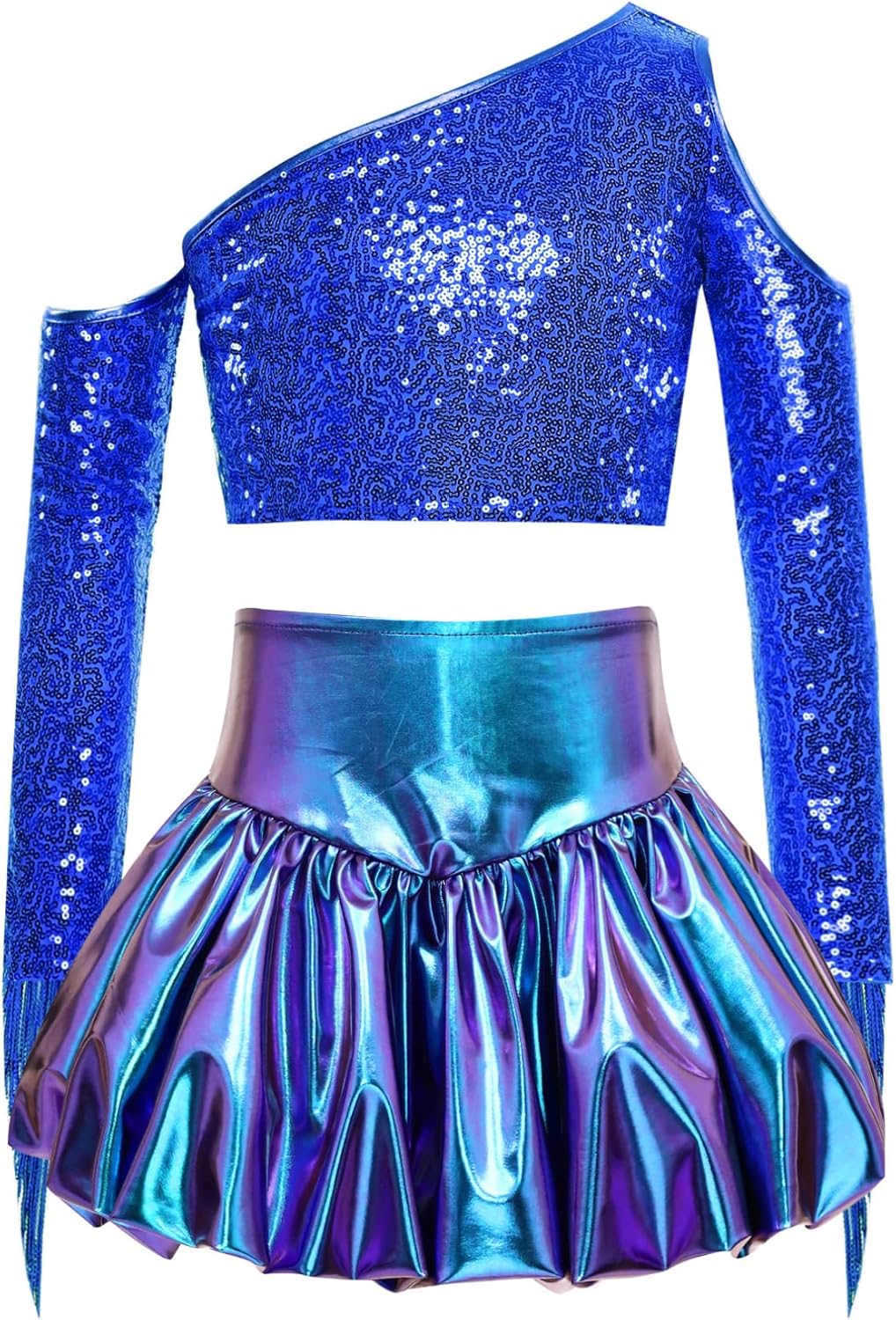 ranrann Girl's 2 Piece Dance Outfits Jazz Hip Hop Performance Dance Top and Metallic Bubble Skirts Set Royal Blue 16 Years