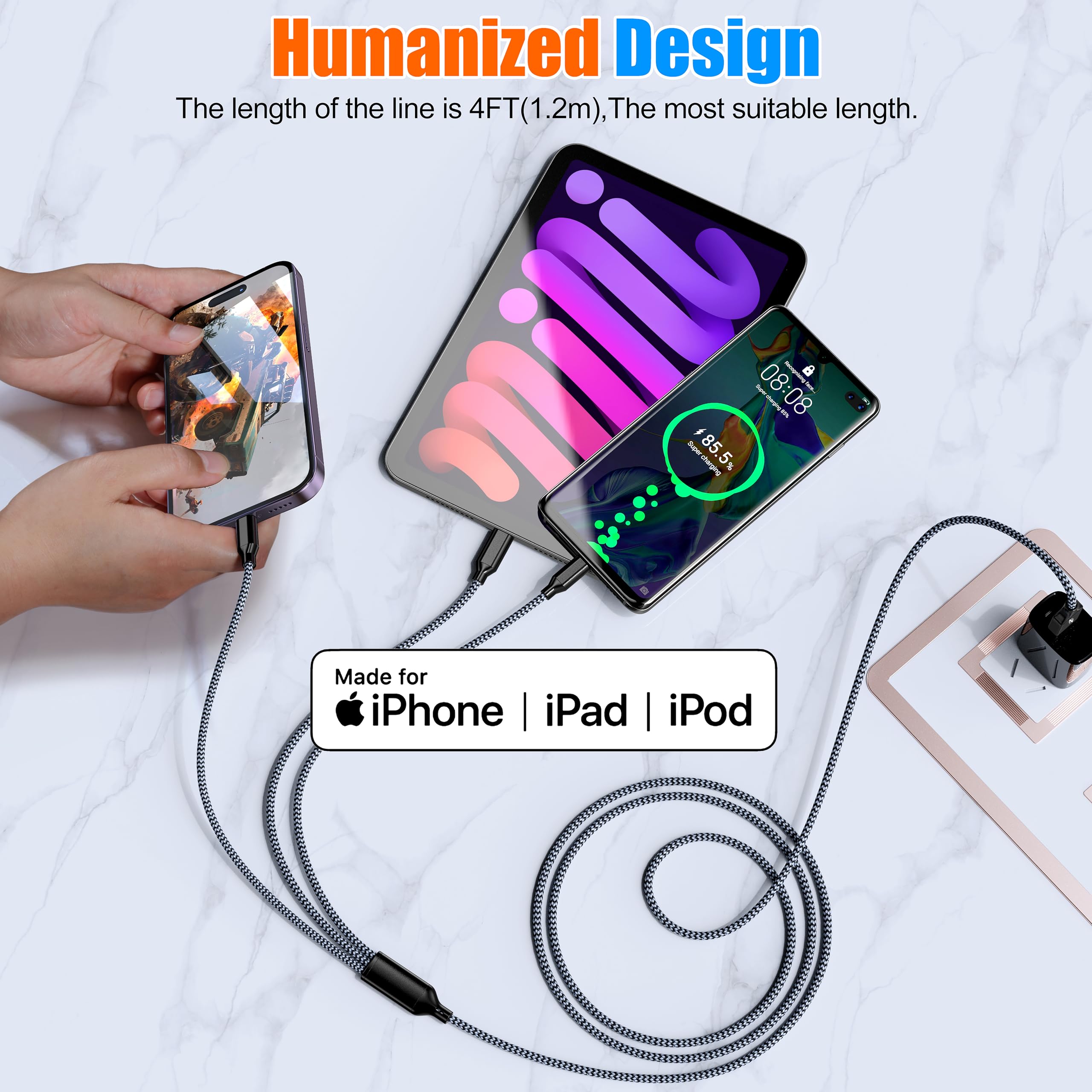 Cavo di ricarica multiplo lungo (3 m, 2 pezzi) Cavo di ricarica multiplo, cavo di ricarica rapido in nylon intrecciato, cavo di ricarica USB 3 in 1, cavo di ricarica multi telefono con connettori USB