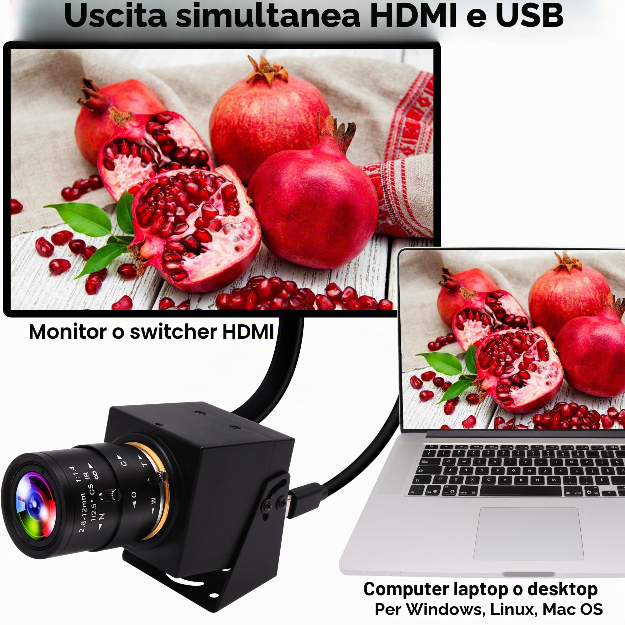 ELP ELP 4K HDMI USB Fotocamera Grandangolo 2.8-12mm Obiettivo varifocale Webcam Fotocamera ravvicinata Supporto H.265, Webcam Ultra HD 2160P con sensore IM415 per riunioni in streaming live su compute
