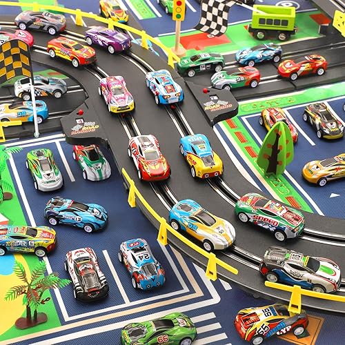 Miniatura 7 de Coches de juguete para niños, 24 piezas de autos de carreras con bolsas de almacenamiento, recuerdos de fiesta, rellenos de premios para niños,