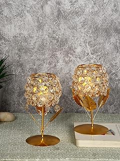 Collectible India Gold Plated Crystal Candle Holder Tea Light Stand Votive- Decorative Tealight Holders for Home Office Living Room Indoor Garden Dining Centerpiece Decoration (1 Box)