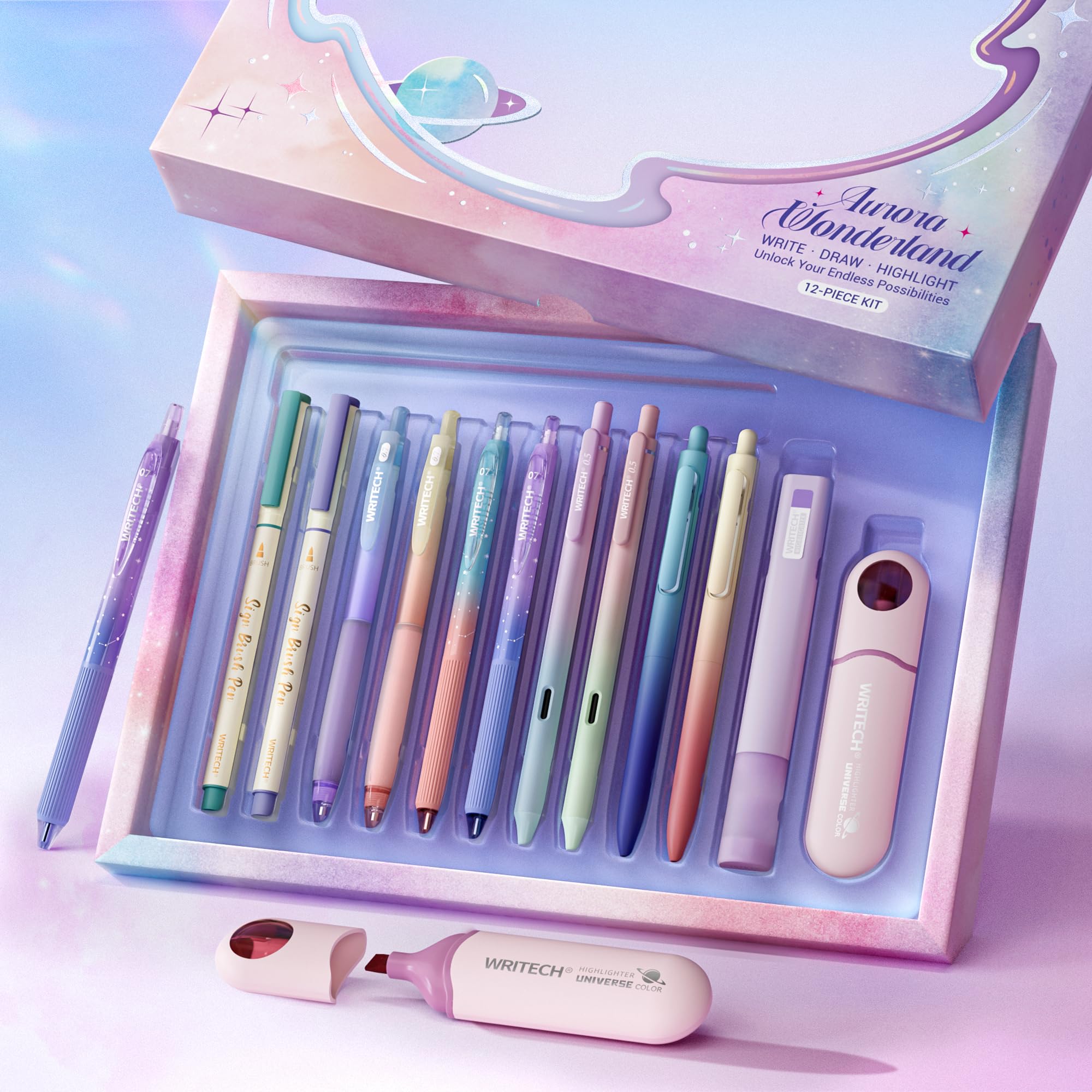 WRITECH Gel Ink Pens Journaling: Aurora Wonderland Pen Set, Gradient Barrels Black Ink Pens Pastel Highlighters Brush Markers, No Bleed Smooth Writing