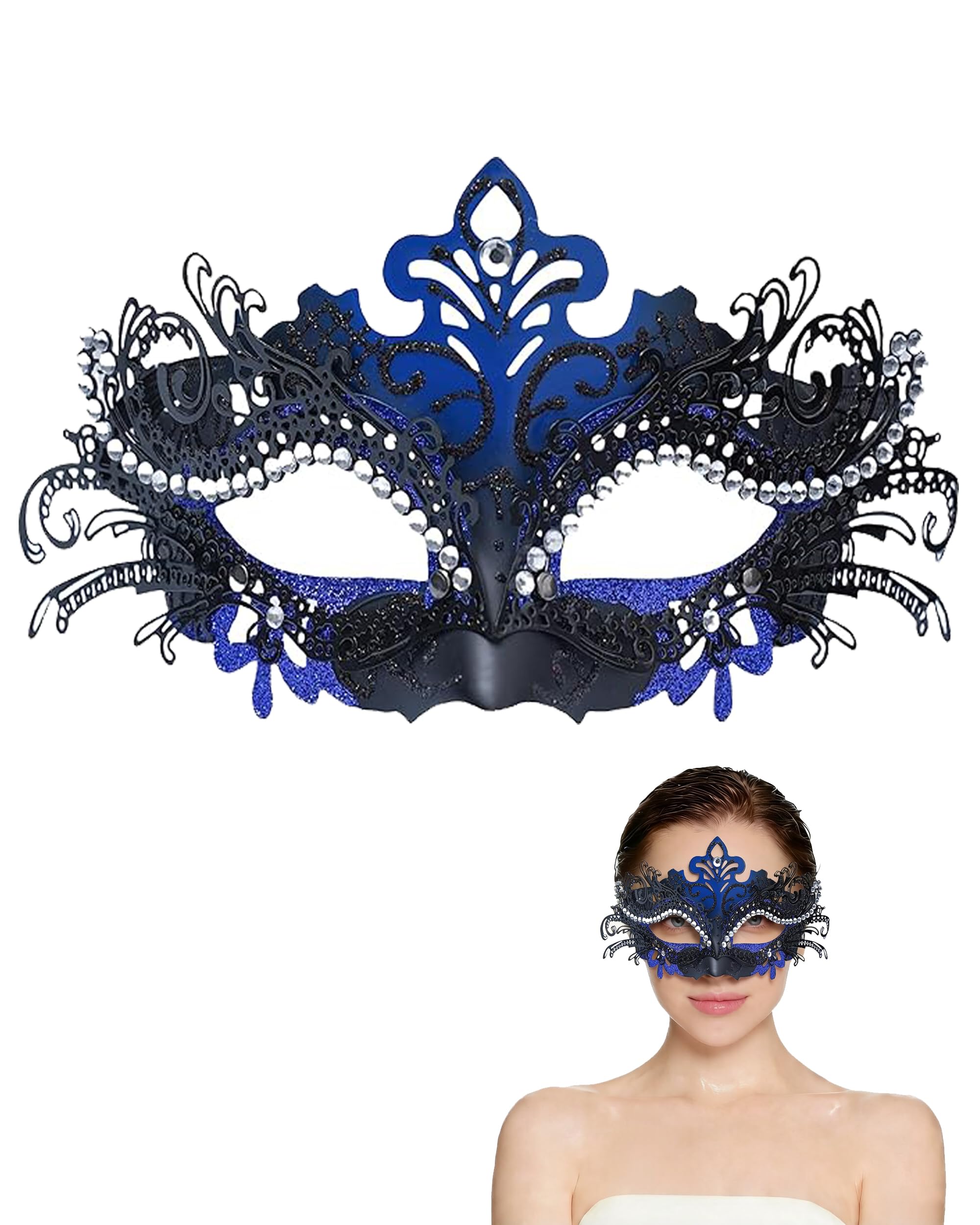 HeHeGe Masquerade Mask for Women Metal Shiny Rhinestone Venetian Mask Prom Mardi Gras Ball Wedding & Halloween Party (blue)