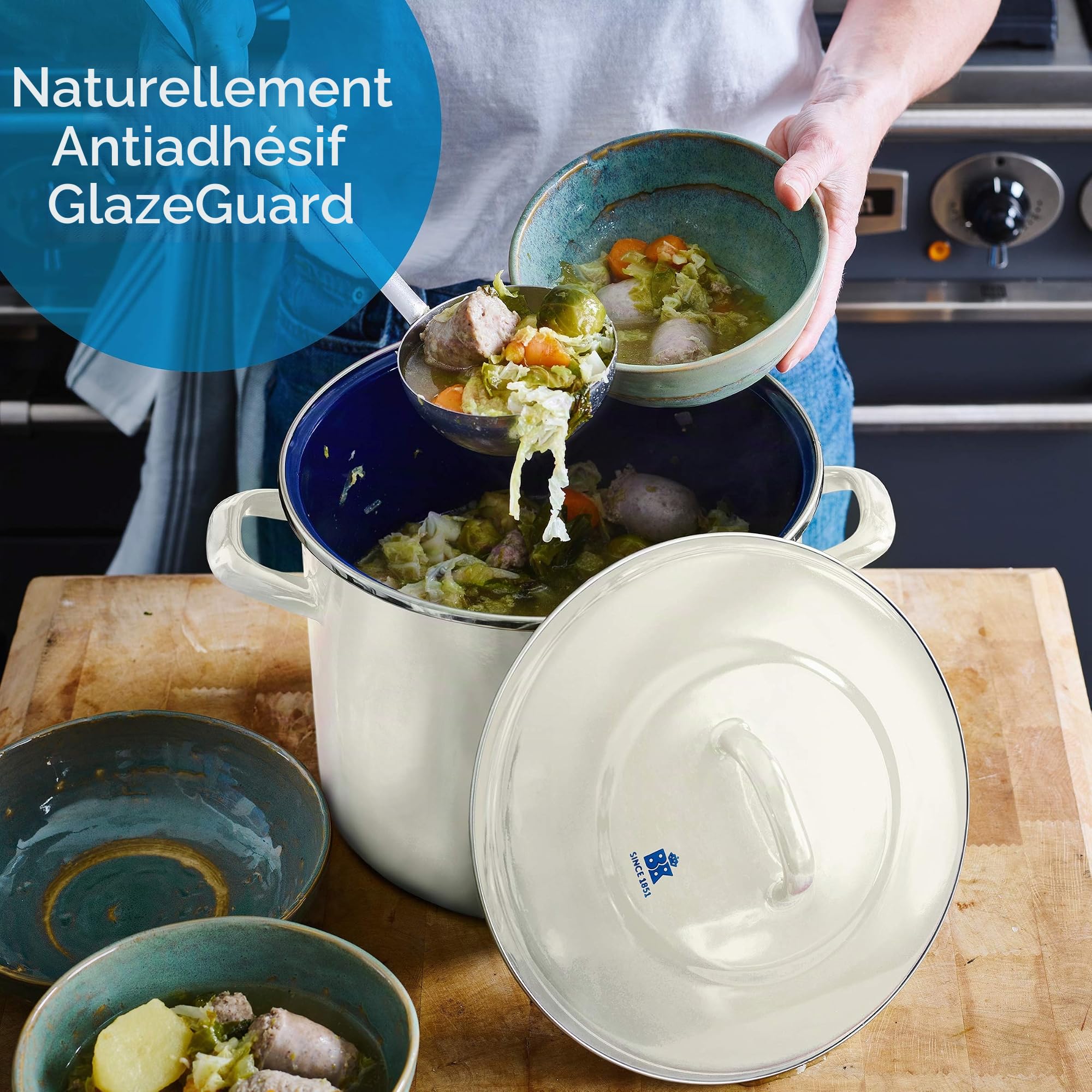 BK Indigo Marmite Allemande Émaillée Héritage Néerlandaise en Revêtement Antiadhésif en Céramique sans PFAS avec Couvercle, 24 cm/8.7 Litre, Induction, Lavable au Lave-Vaisselle, Au Four, Crème