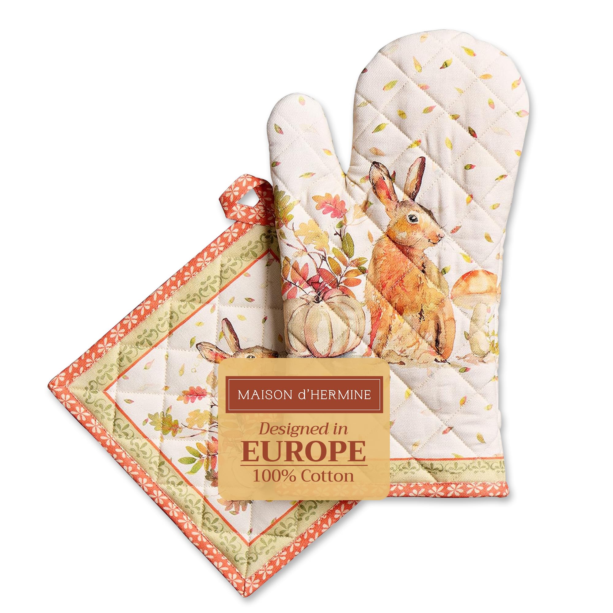 Maison d' Hermine 100% Cotton Oven Mitt & Pot Holder Set (19 x 33 cm & 20 x 20 cm) Heat Resistant BBQ Cooking Gloves with Loop for Christmas Decorations Baking Handling Hot Pans (Pumpkin Passion)