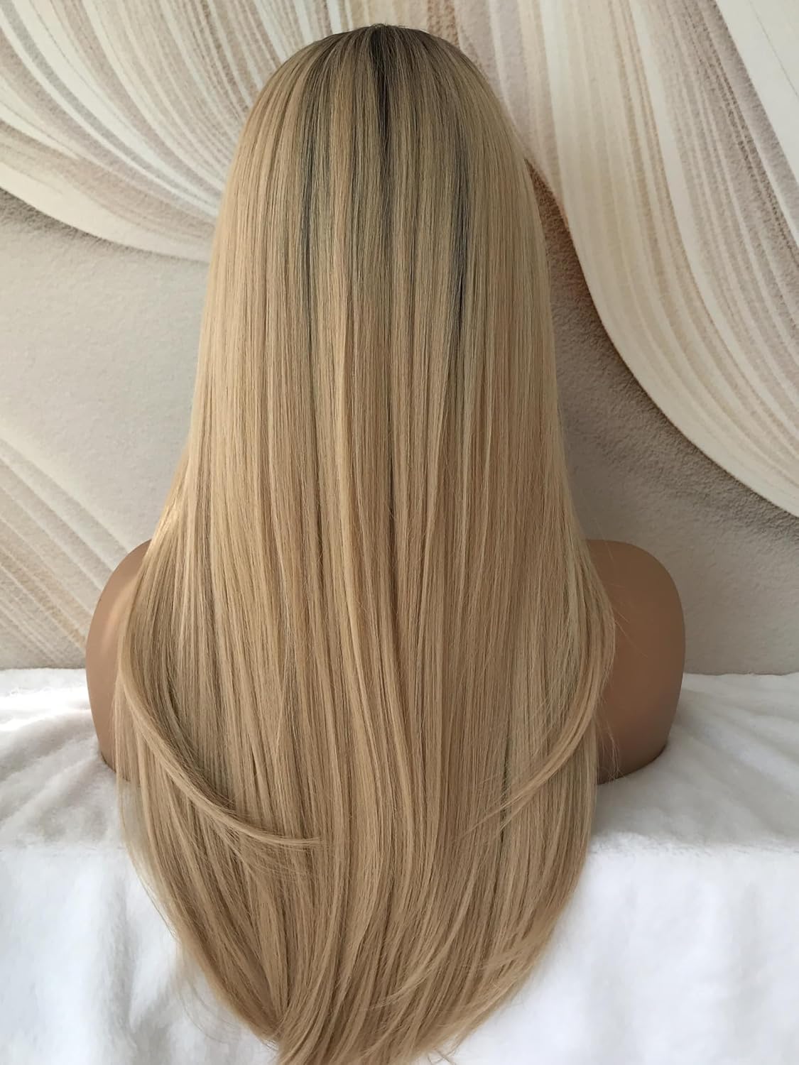 Ombre Blonde 13x6 Lace Front Glueless Wig Pre Plucked Synthetic Lace Wigs for Women Layered Long Straight Butterfly HairCut with Extra Adjustable Band 22Inch Tangle Free