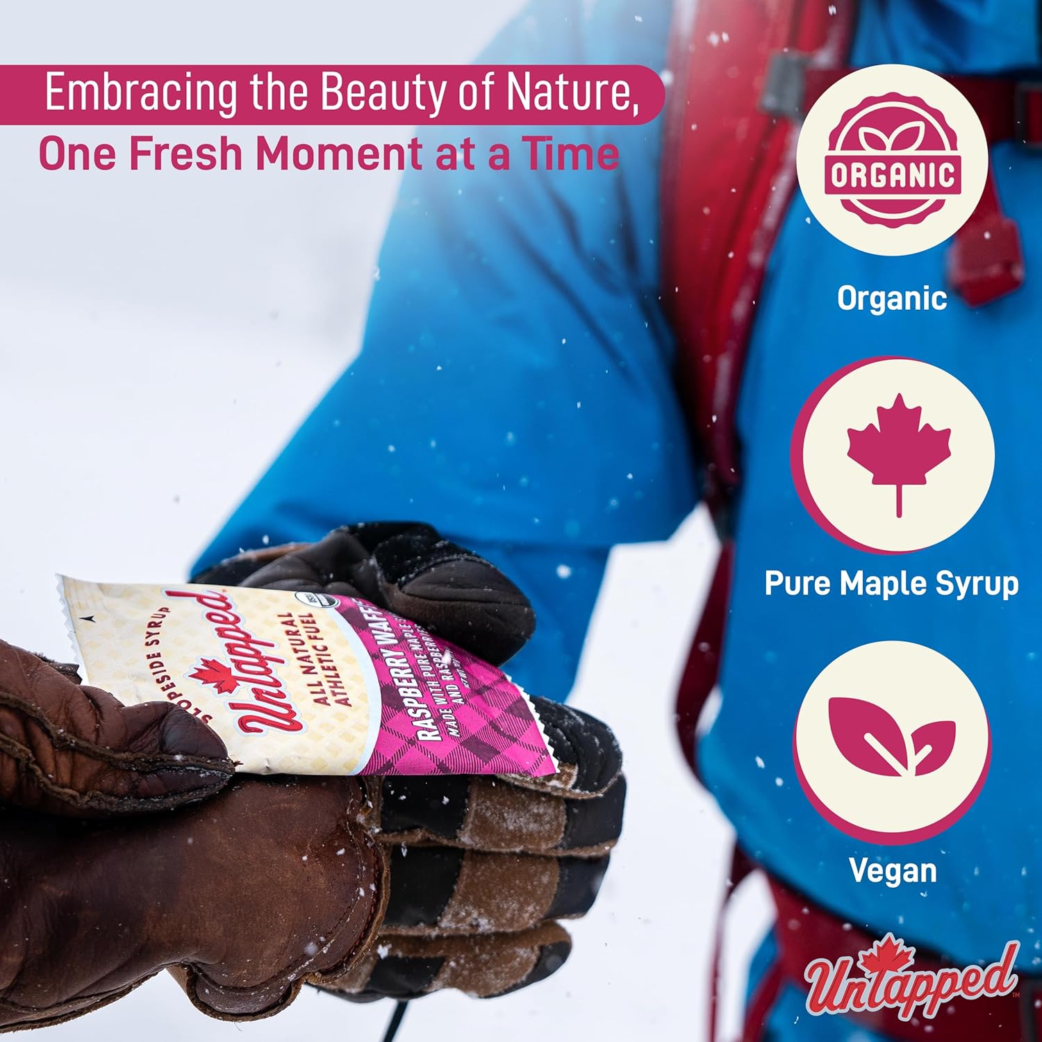 UnTapped Organic Raspberry Waffles 1.1 oz Each, Box of 16 - Endurance Sports Snacks Sweetened with Real Maple Syrup, Maple Sugar, and Real Raspberries | Vegan & Real Food Waffles| Ideal for Athletic Performance