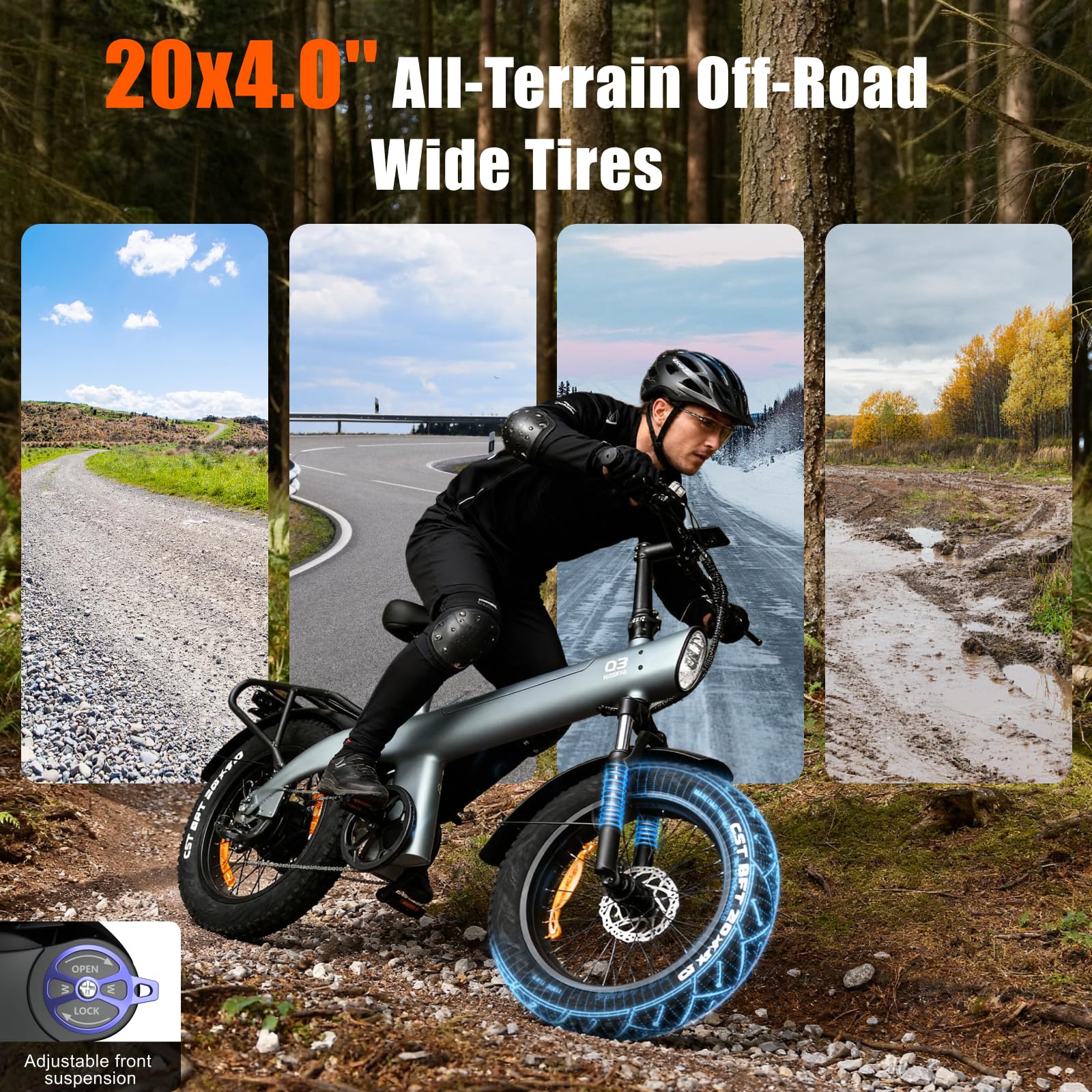 HX Q3 Bici Elettrica Adulti per il Commuting, 48V 20Ah Batteria Rimovibile, 115Nm 20"×4.0" Fat Tire, 7 Velocità Mountain Bici Elettrica con Telaio Posteriore, Autonomia 60-120 km, E-bike Ogni Terreno