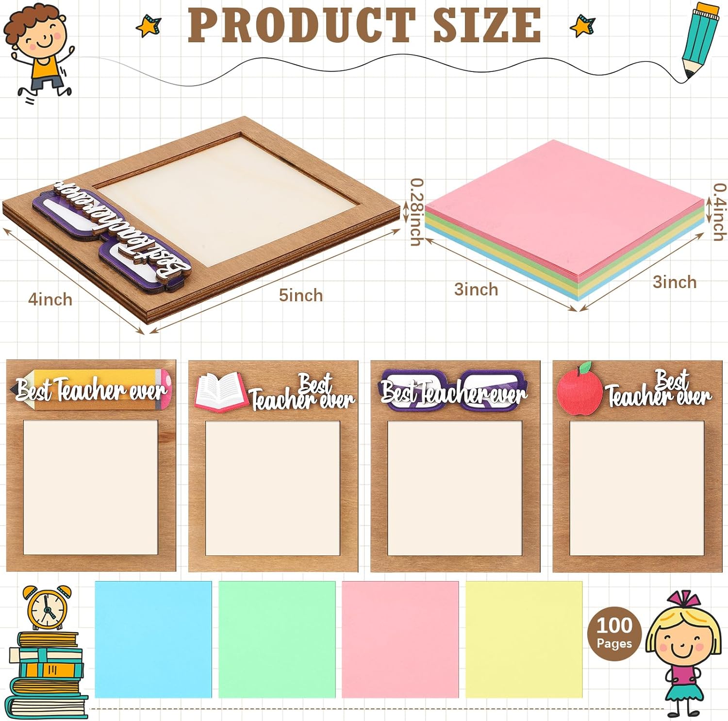 4 Set Graduation Thank You Teacher Gifts from Student Include 4 Pcs Wooden Sticky Note Holder 4 Pad Appreciation Sticky Notes for Teachers' Day School Classroom End of Year Gift Supplies - Image 2