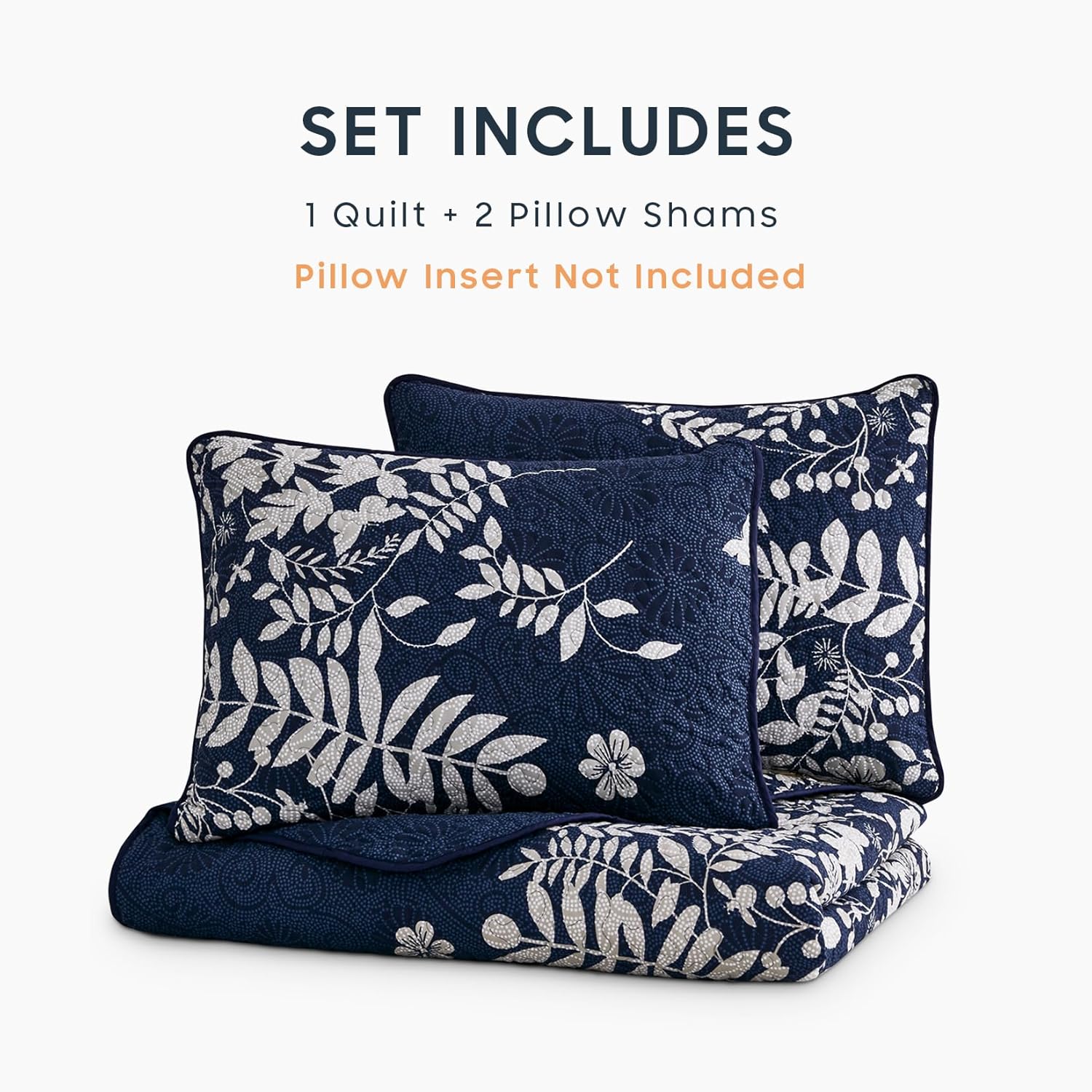 Wake In Cloud - Floral Quilt Set, Botanical Elegant Flower Tree Leaf Modern Pattern Printed, Reversible Lightweight Bedspread Coverlet, 3 Pieces, Navy Blue Gray, King Size