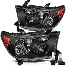Aosky Halogen Headlight Assembly Replacement for 2007 2008 2009 2010 2011 2012 2013 Tundra / 2008-2017 Sequoia Driver+Passenger Side, Black Housing with Amber Reflector, with bulbs
