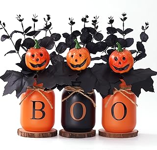 Halloween Table Decorations, Centerpieces for Tables with Boo Mason Jars, Black Fake Flowers, Pumpkin, Wood Coaster, Halloween Table Centerpiece Decor, Tabletop Home Bathroom Decor