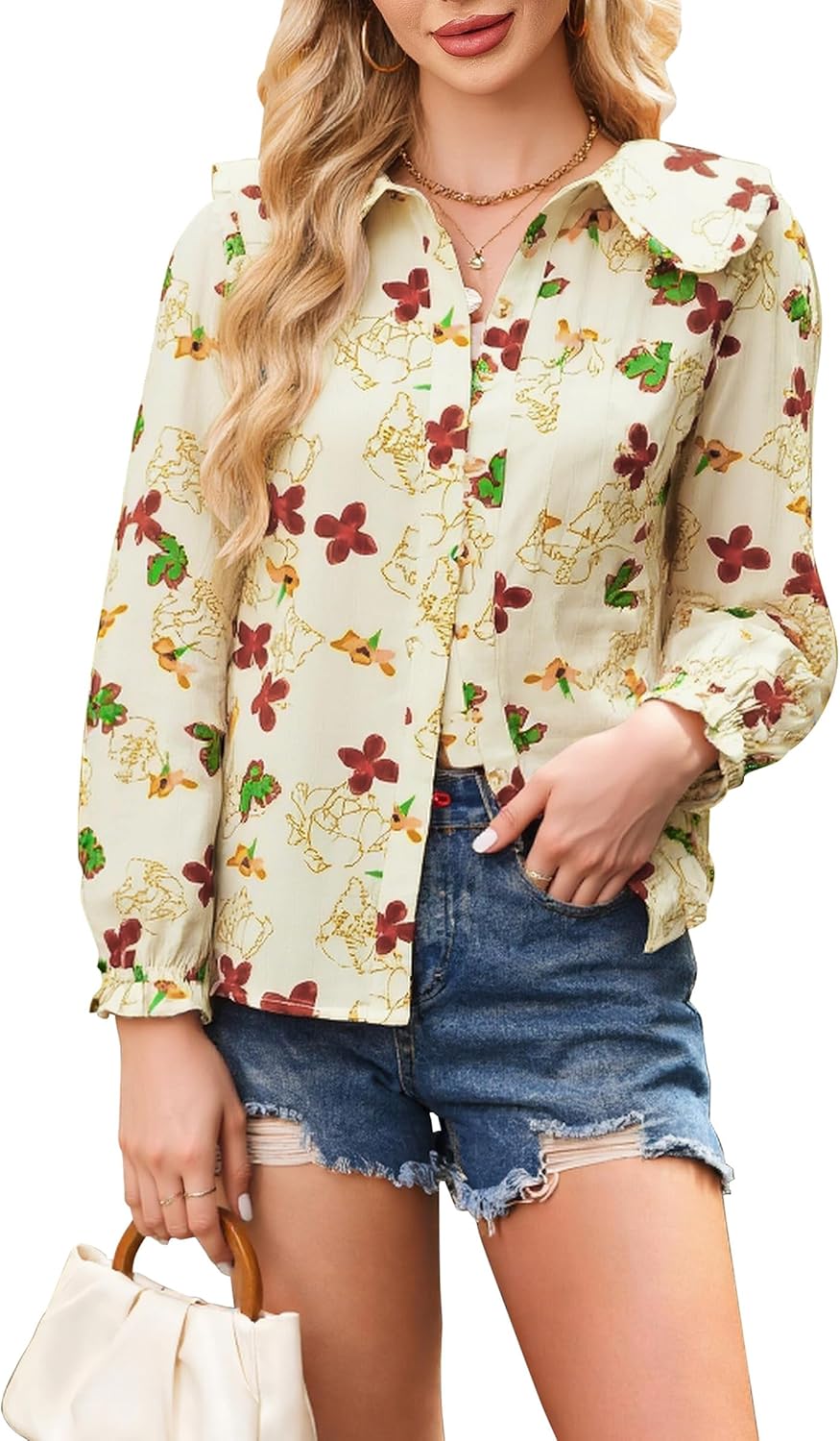 ECOWISH Women's Long Sleeve Shirts - Peter Pan Collar Button Down Blouse Dressy Casual Puff Cotton Elegant Fall Tops