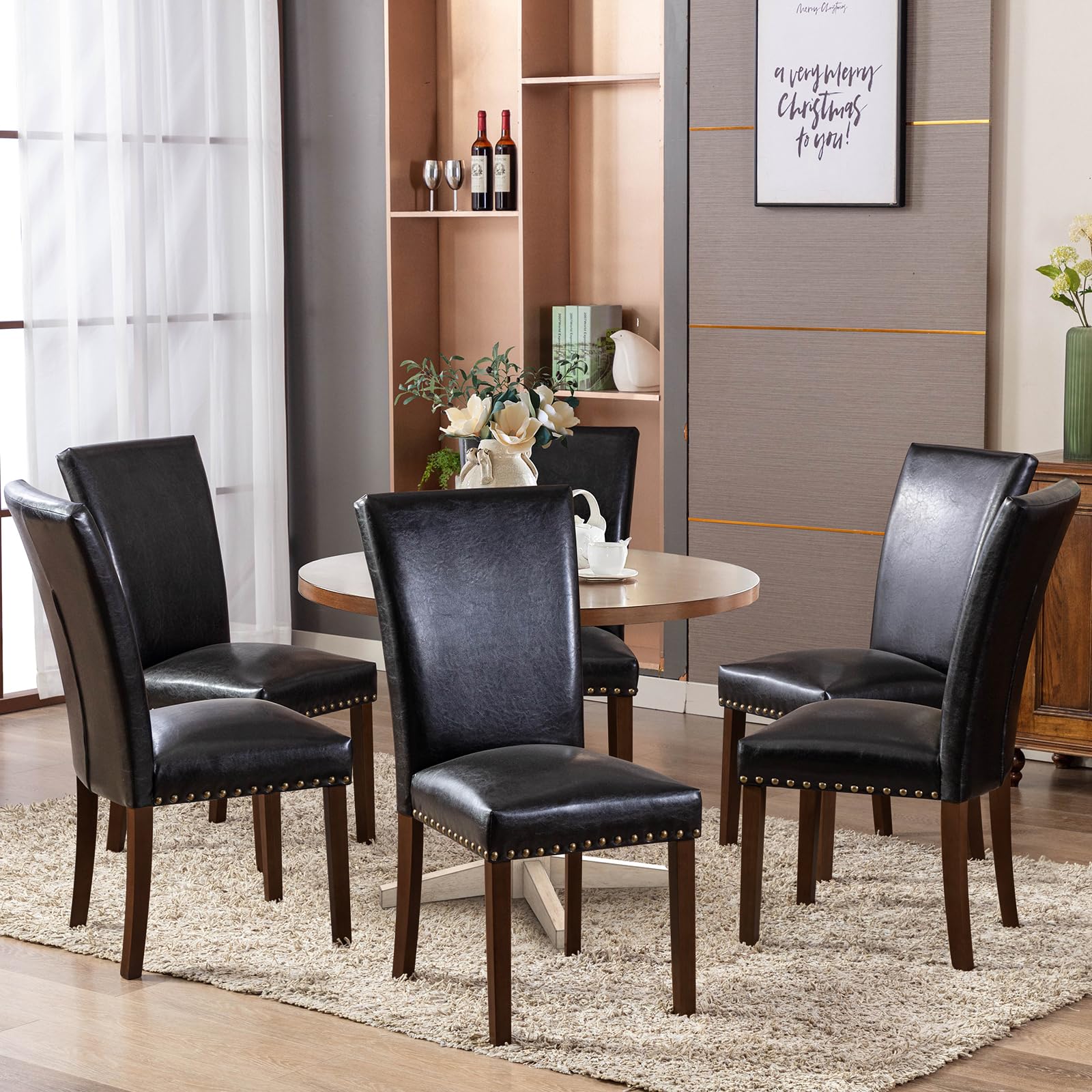 COLAMY Upholstered Parsons Dining Chairs Set of 2, PU Leather Dining Room Kitchen Side Chair with Nailhead Trim and Wood Legs - Black