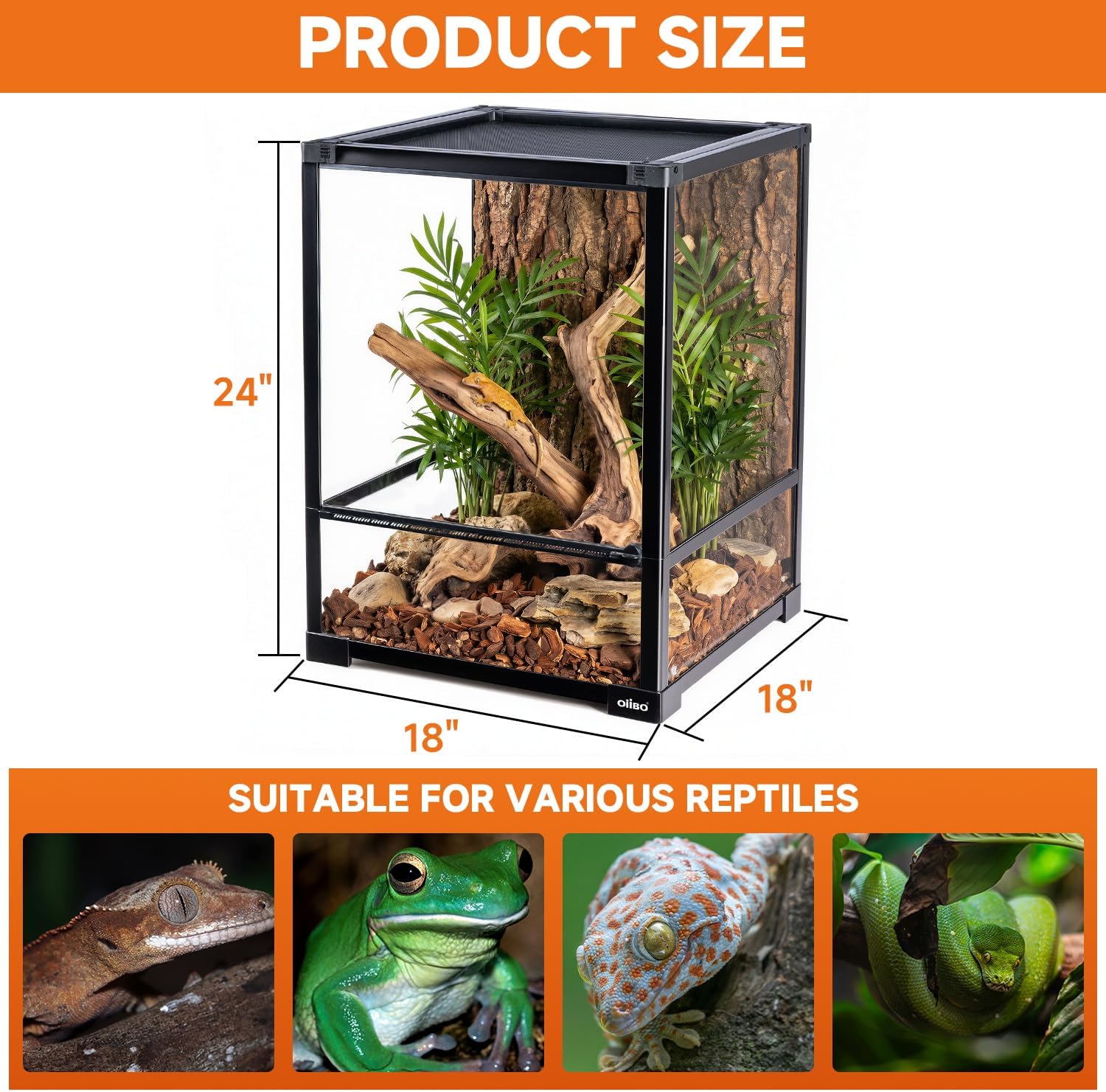 34 Gallon Reptile Tempered Glass Terrarium, 18" x 18" x 24" Rainforest Reptile Habitat Tank with Sliding Single Door, Removable Glass Door Reptile Terrarium with Top Screen Mesh Ventilation