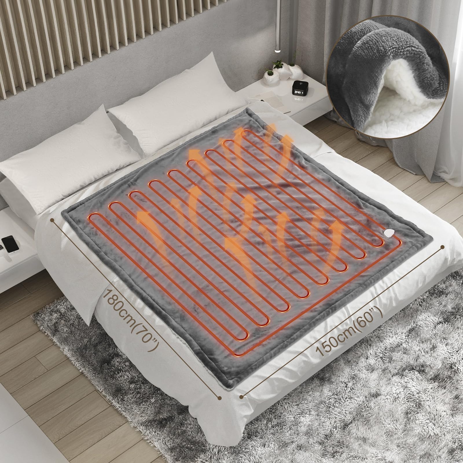 OneAmg Coperta Termica Elettrica,155x180cm 6 Livelli di Riscaldamento,Timer 10H,Spegnimento Automatico Della Coperta Elettrica -con Telecomando Digitale,Lavabile in Lavatrice,Plaid Riscaldabile Grigio