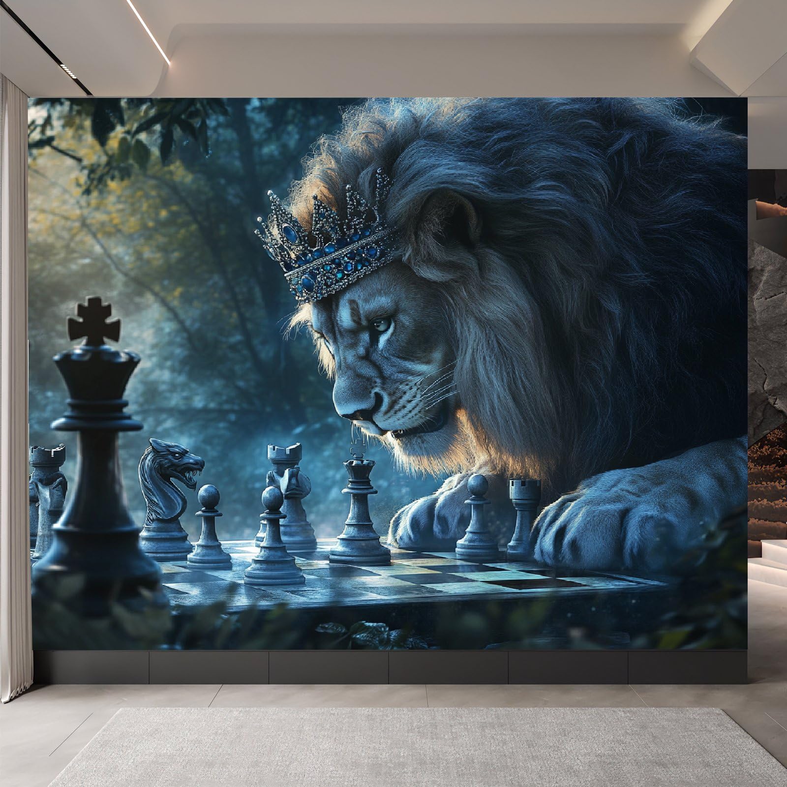 Mural ścienny lew włóknina 200 x 140 cm fototapeta efekt 3D lew król szachy tapeta mural zwierzęta grafika tło naklejki ścienne do salonu sypialni dziecięcej