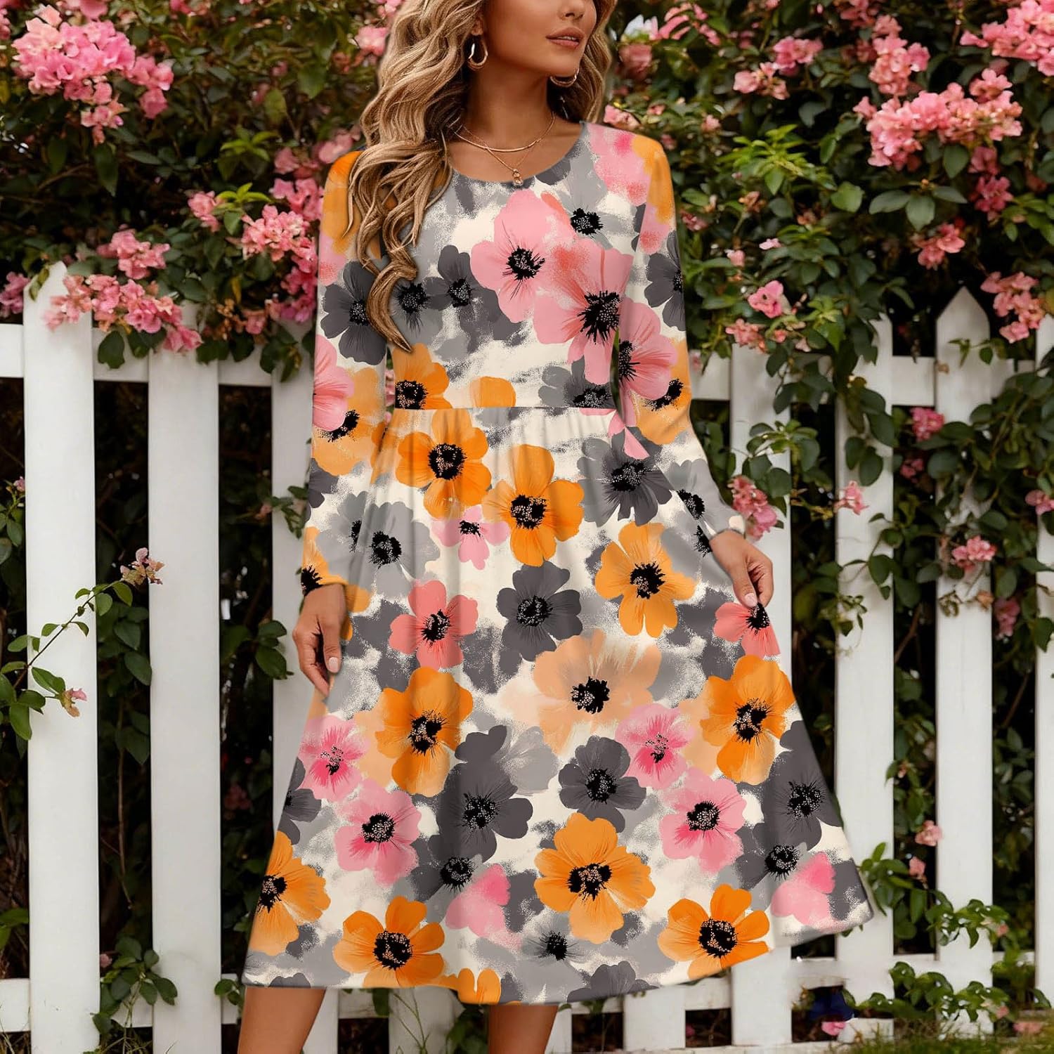 Womens Long Sleeve Midi Dress Loose Crewneck Vintage Graphic Flowy Party Cocktail Casual Maxi Dresses