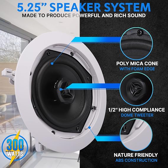 Pyle Ceiling Mount Speaker - 5.25 2-Way 70V Transformer | Great For: Commercial or Restaurant Audio | Surround Sound | Flush Design | In-Wall Installation | 1pc (White) - PDIC53T