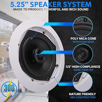 Pyle Ceiling Mount Speaker - 5.25 2-Way 70V Transformer | Great For: Commercial or Restaurant Audio | Surround Sound | Flush Design | In-Wall Installation | 1pc (White) - PDIC53T