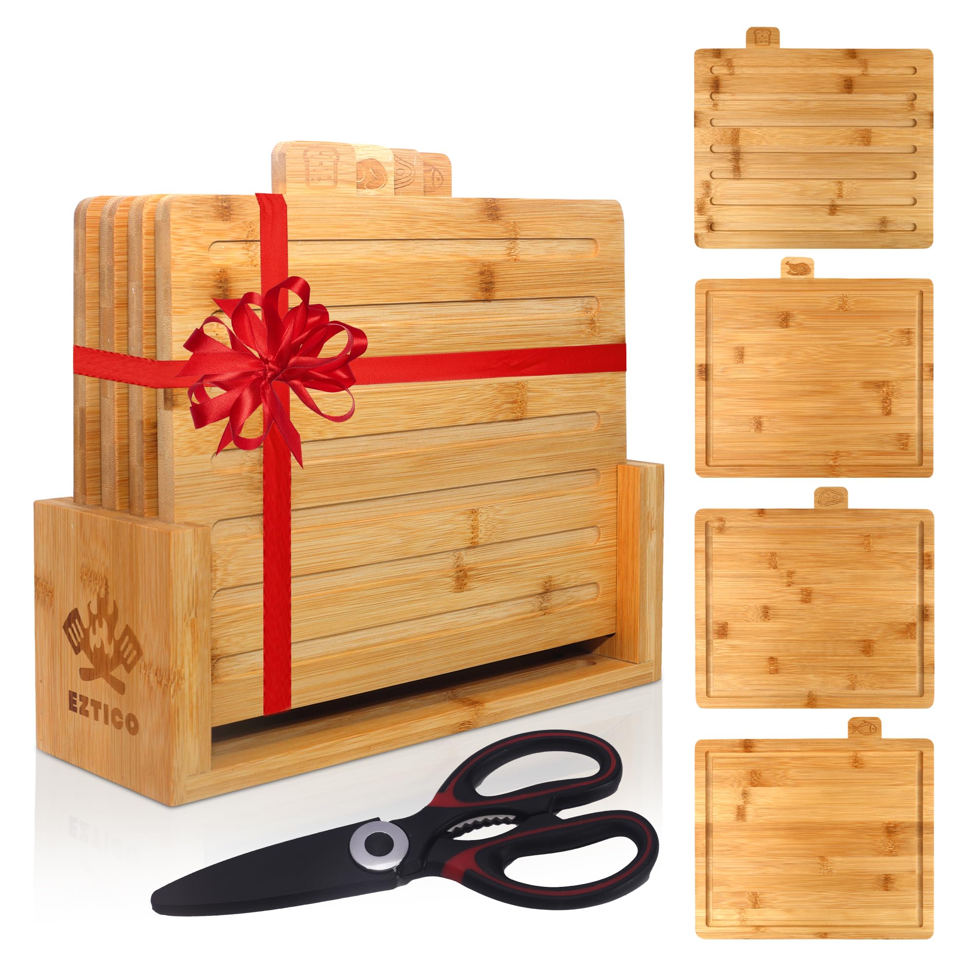 Juego de tablas de cortar de bambú de 4 piezas y tijeras de primera calidad, charcutería y tablas de cortar de madera perfectas, ranura ideal para jugos, sin BPA, artículos de cocina y