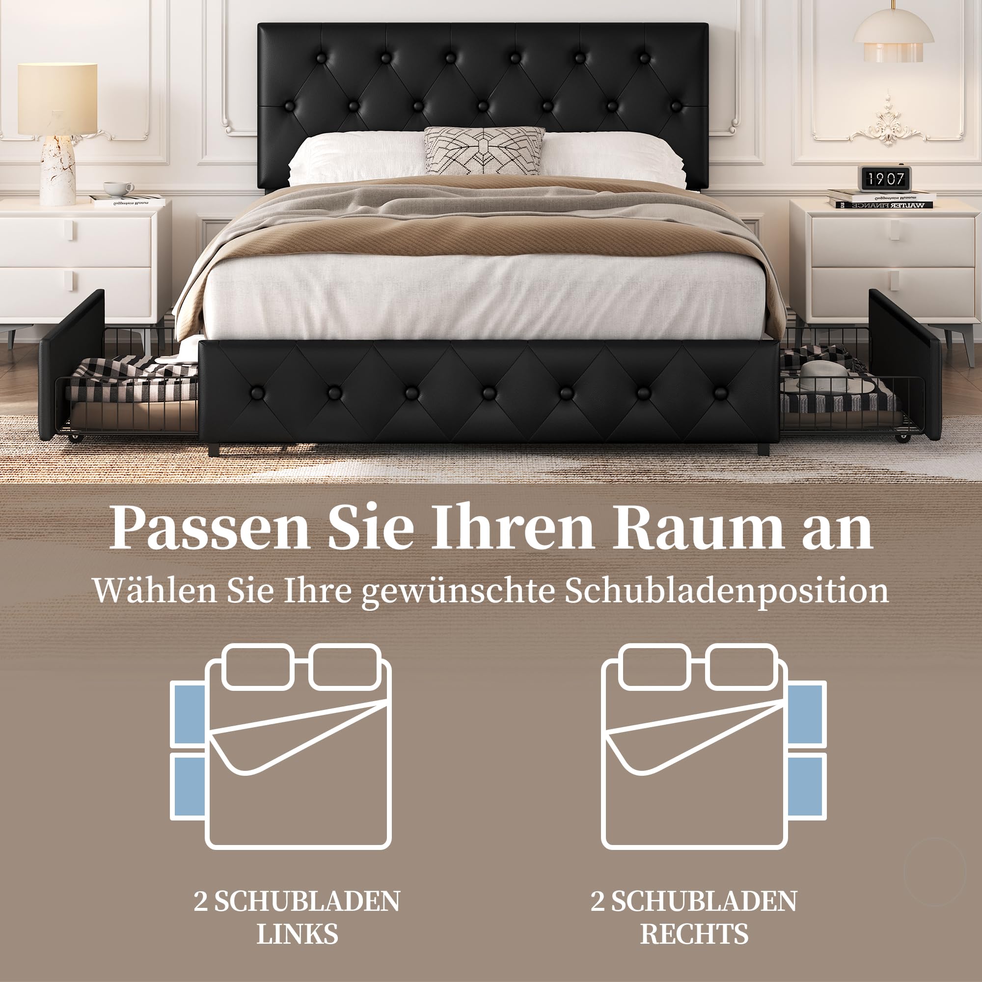 Yaheetech Polsterbett 140 x 200 cm Doppelbett Bettrahmen mit 2 Schubladen | Höhenverstellbares Kopfteil Jugendbett Gepolstertes Bett mit Lattenrost viel Stauraum, Schwarz