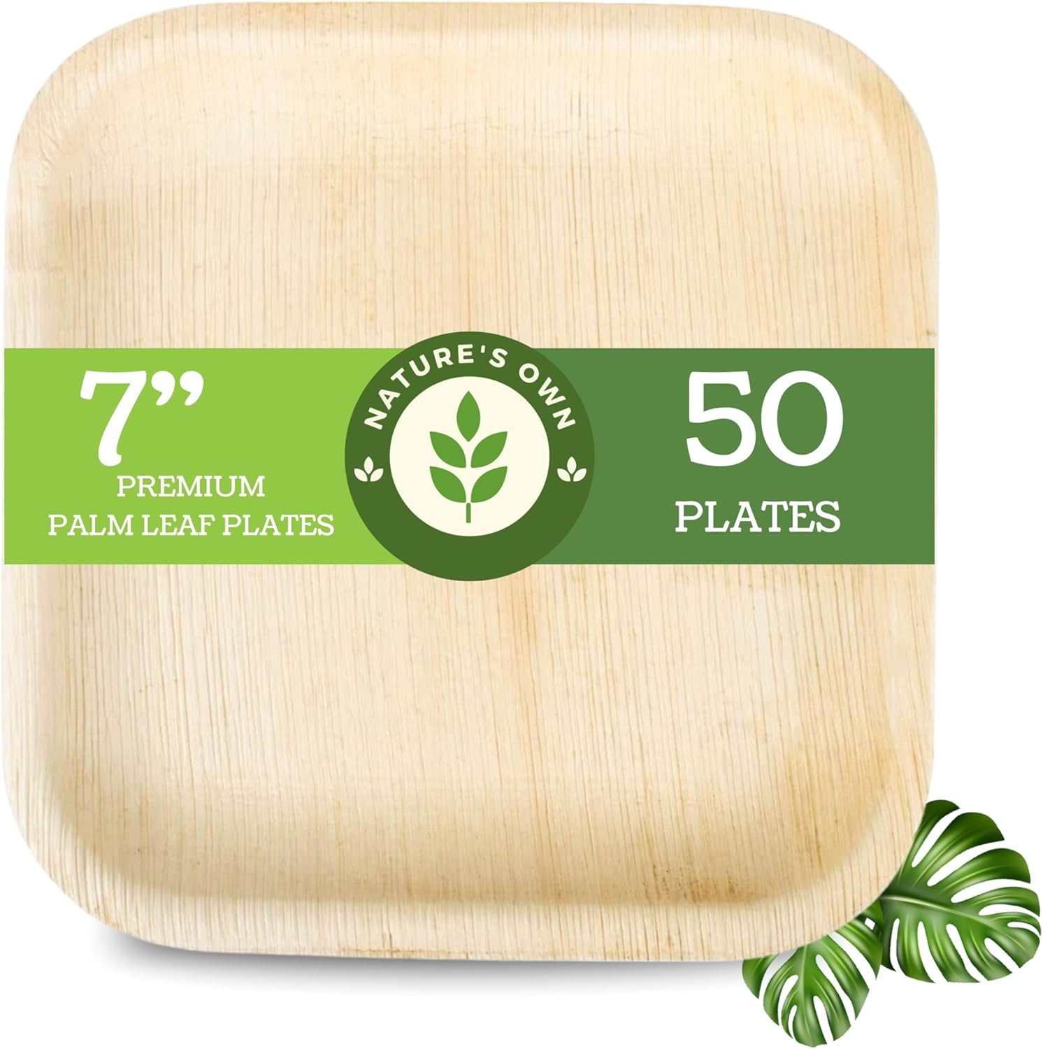 Palm Leaf Plates 7 Inch Square Bamboo Plates [50-Pack] - Biodegradable and Compostable Plates Set with Appetizer Plates - Wood Disposable Plates Party Pack