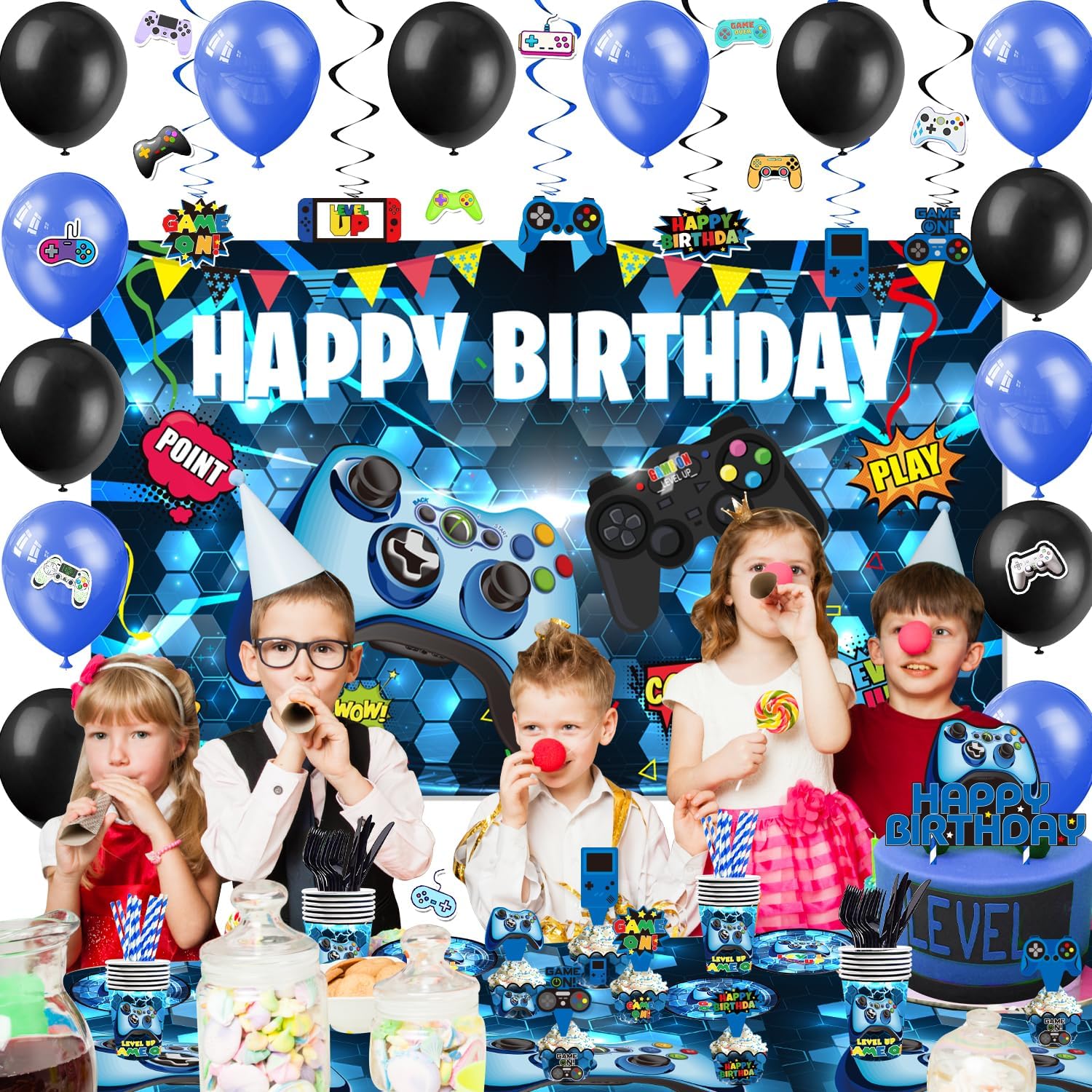Mpanwen Blue Gamer Birthday Party Decoration - 218Pcs Video Game Gaming Party Supplies For Boys Birthday Party - Backdrop, Table Cover, Cupcakes Wrappers, Stickers, Bracelets Serves 10 Guests - Image 7