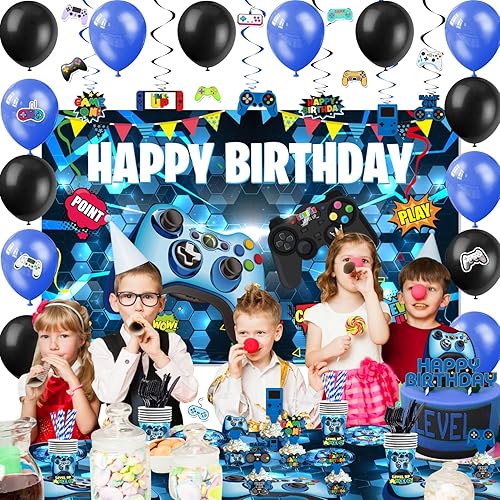 Miniatura 7 de Mpanwen Decoración de fiesta de cumpleaños de jugador azul, 218 piezas, suministros de fiesta de videojuegos para fiesta de cumpleaños de niños,