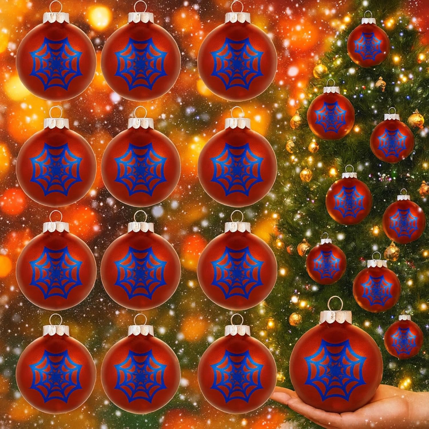 24 Pcs 3.15 Inch/80MM Spider Christmas Ball Ornaments Spiderweb Pattern Blue Red Christmas Tree Hanging Ornaments Classic Cartoon Shatterproof Glitter Ball for Xmas Holiday Wreath Party Decor