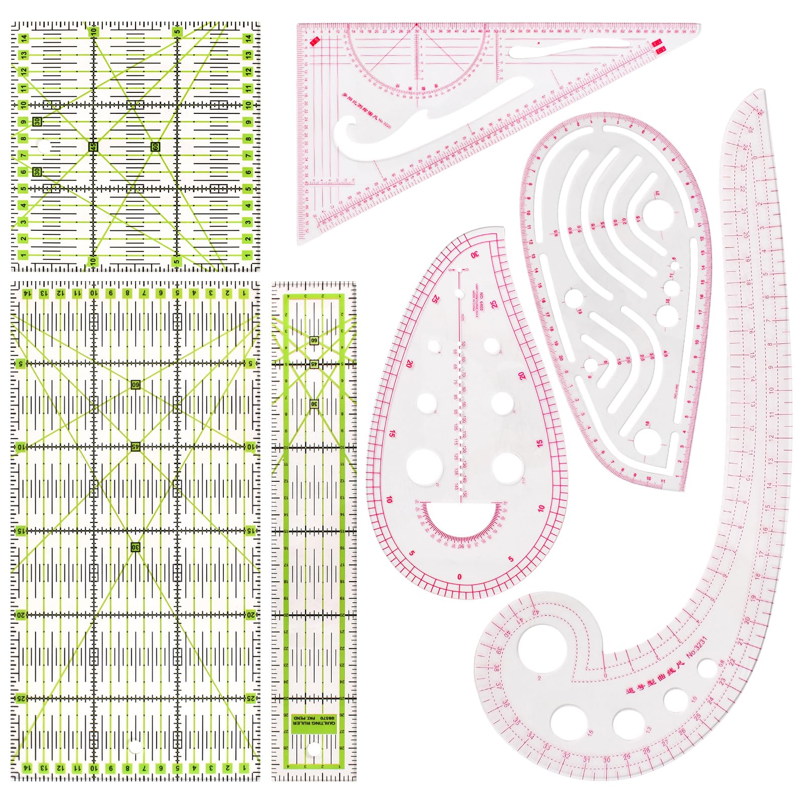 Naapesi Transparent 7-Piece Sewing Ruler Set, Acrylic & Pvc, 15X30cm, Curve, Triangular, Quilting, Tailor Tool