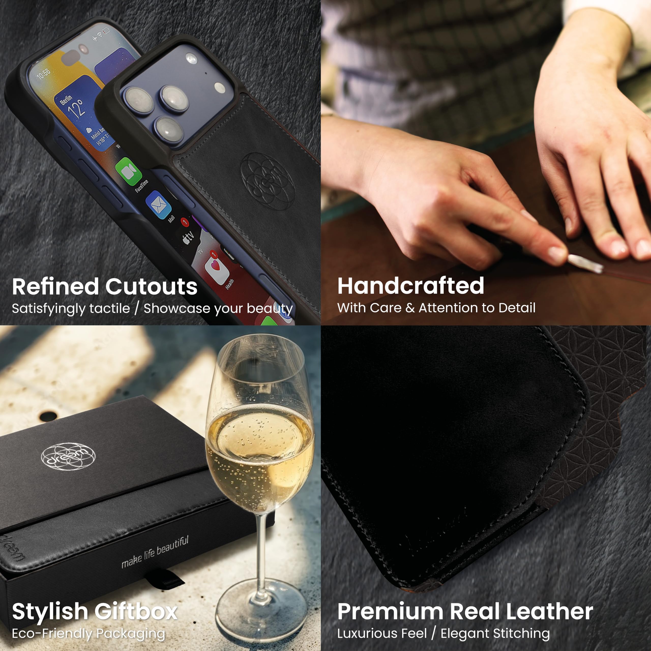 dreem Real Leather for iPhone 17 Pro Case Wallet, Revolutionary Phone Stand, MagSafe-Fit, Magnetic Detachable Flip Cover, RFID Blocking Card Holder, Gift-Box [Fibonacci:Black] — view 7