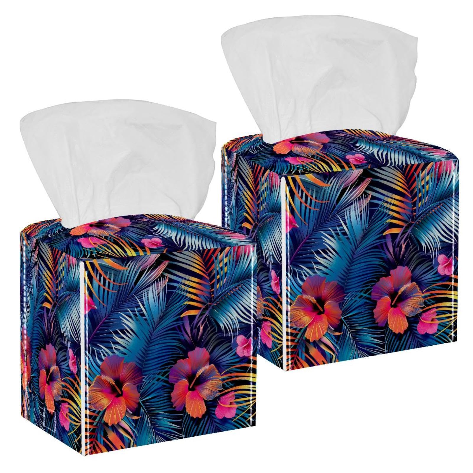 Artistic Leaves Tissue Box Cover, 2 Pack PU Leather Square Facial Tissue Dispenser Box holder for Home Office Car