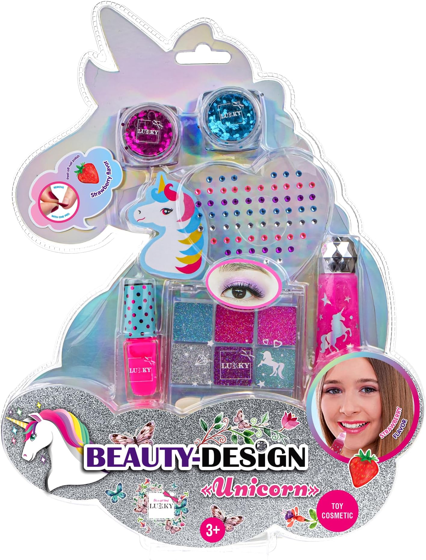 Unicorn Beauty-Design Set – Includes Peel-Off Water-Based Nail Polish, Glitter Eye Shadow, Lip Gloss, Sequins, Glitter Gel for Body & Hair – Fun DIY Beauty Kit for Kids, Ideal Gift for Girls