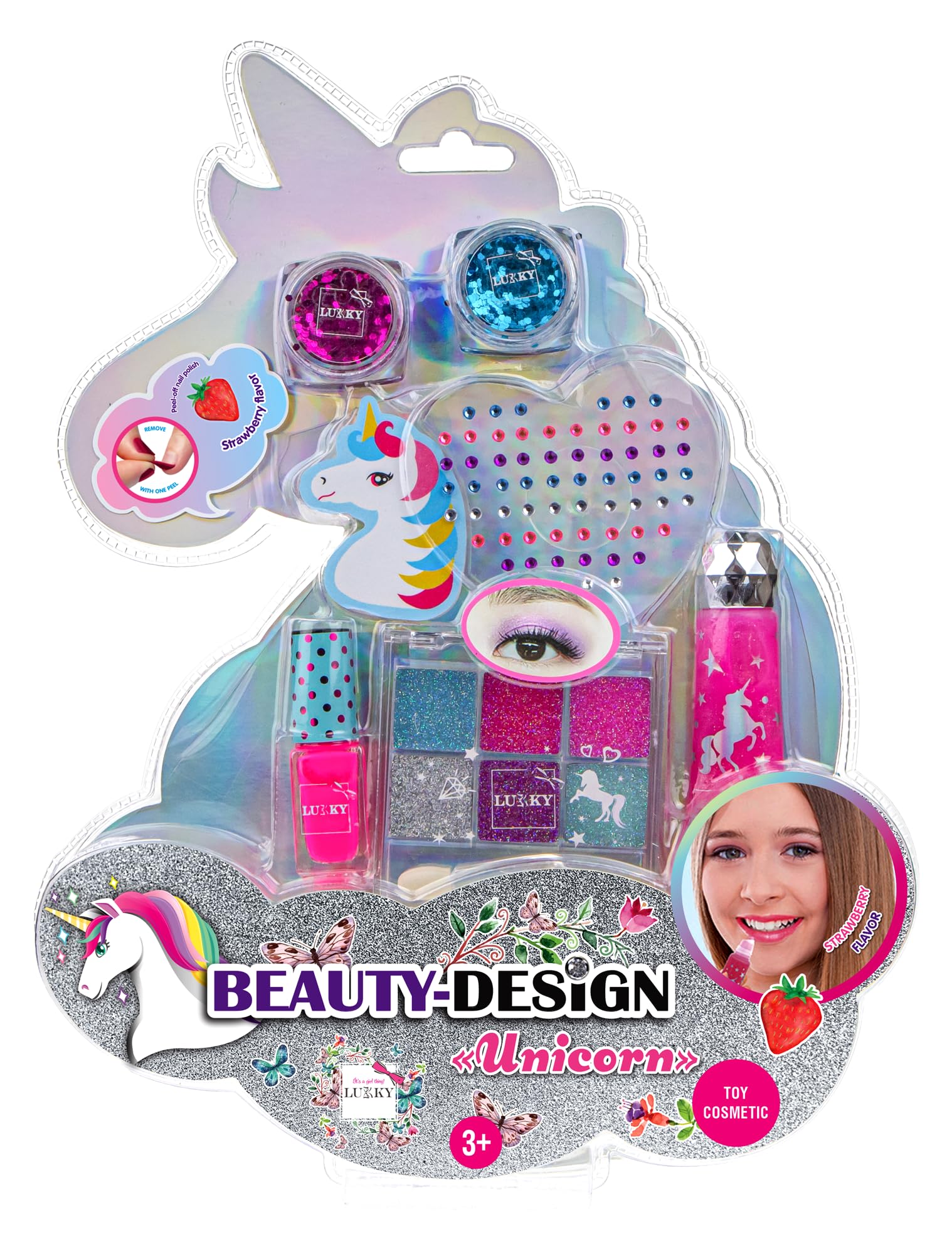 Lukky Unicorn Beauty-Design Set – Includes Peel-Off Water-Based Nail Polish, Glitter Eye Shadow, Lip Gloss, Sequins, Glitter Gel for Body & Hair – Fun DIY Beauty Kit for Kids, Ideal Gift for Girls