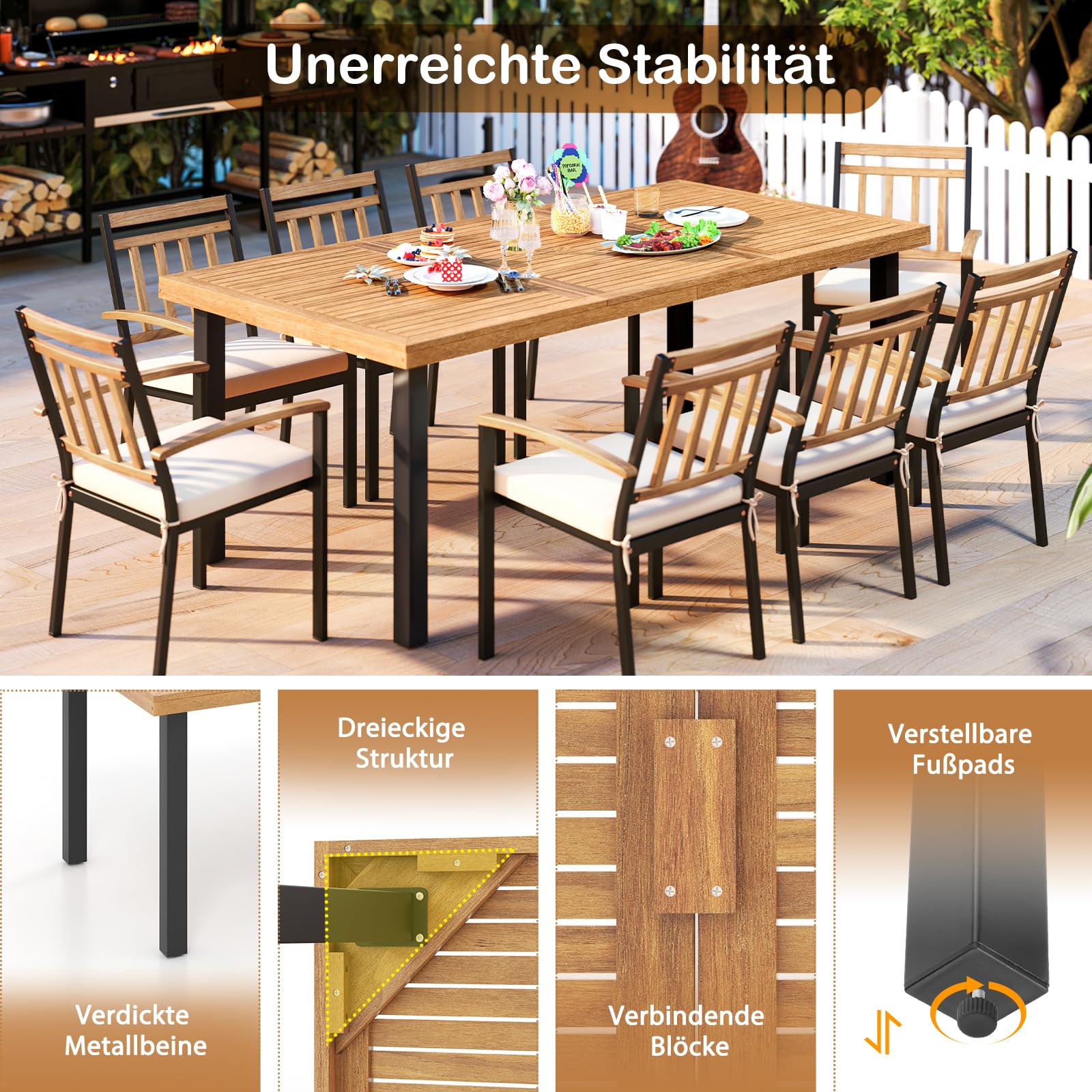 GOPLUS Gartentisch aus Akazienholz, 200×100cm Terrassentisch wetterfest mit 5cm Schirmloch, Esstisch rechteckig für 8 Personen, für Outdoor Garten Terrasse Hof (Modell D)