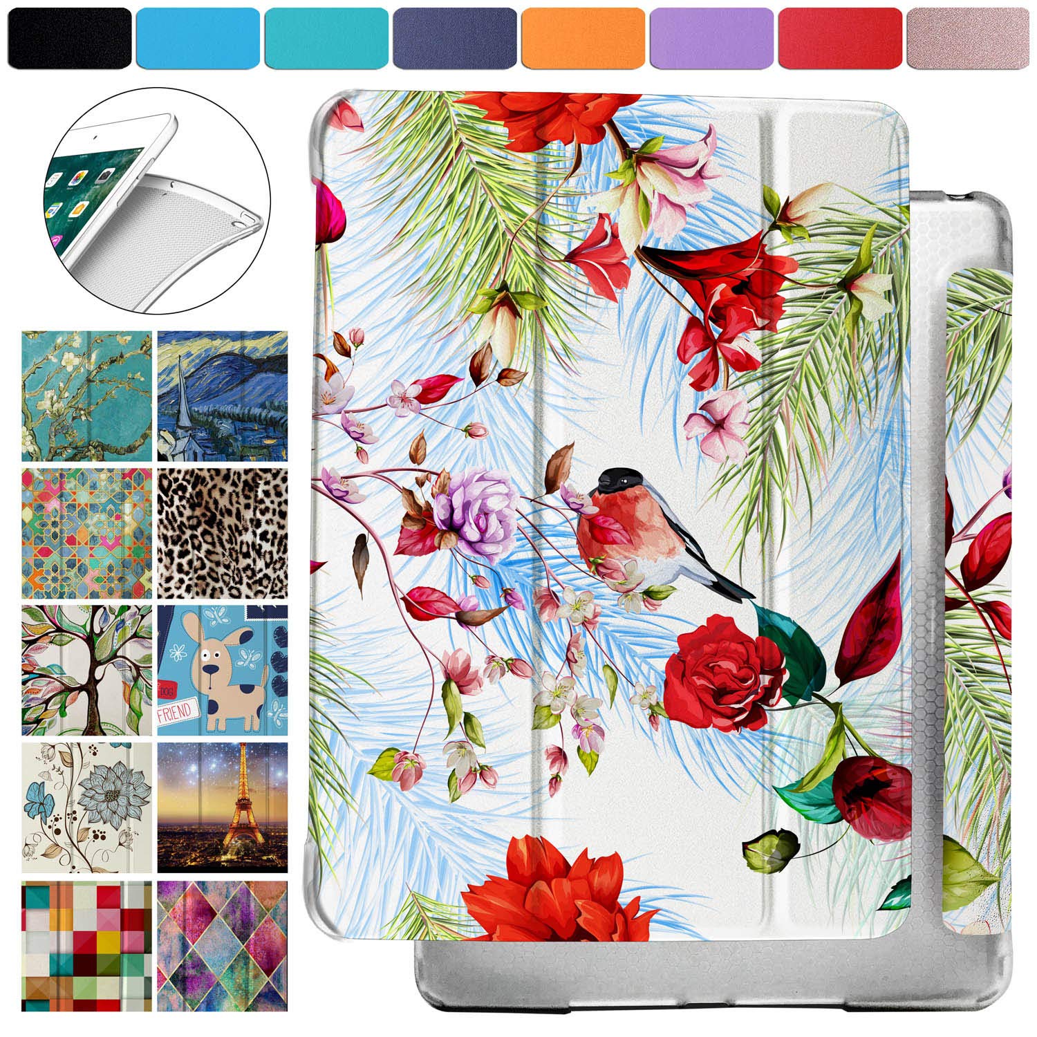 DuraSafe Cases for iPad 9th 2021 8th 2020 7th 2019 Generation [ iPad 9 iPad 8 iPad 7 ] 10.2 Inch Shock Proof Magnetic Dual Angle Stand with Honeycomb Pattern Printed Cover - Birds & Flowers