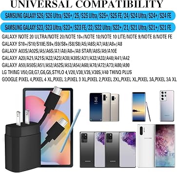 Samsung Super Fast Charger,25W Samsung Charger Fast Charging Block,2Pack Type C Android Phone Charger,USB C Cable for Samsung Galaxy S26 Ultra/S26+/S25/S24 FE/S23/S22/A14/A54/Z Fold 8/7/6,Z Flip 8/7/6