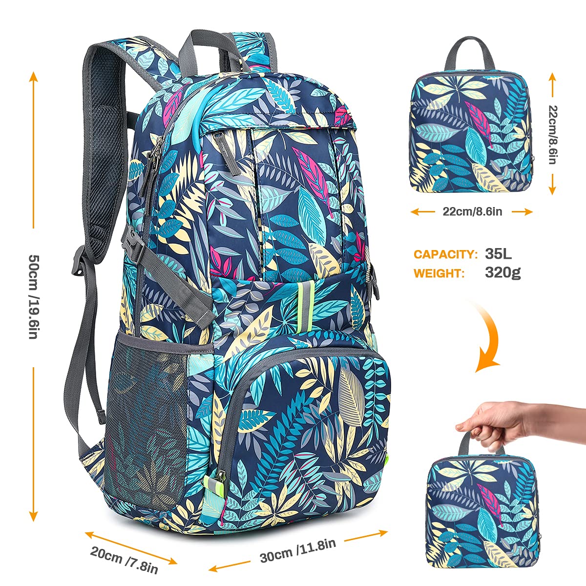 Zaino Ripiegabile, Zaino Pieghevole Ultraleggero da 35 Litri per Uomo Donna Resistente all'Acqua Escursionismo Zainetto Design Riflettente Sicuro da Passeggio per Campeggio all'aperto