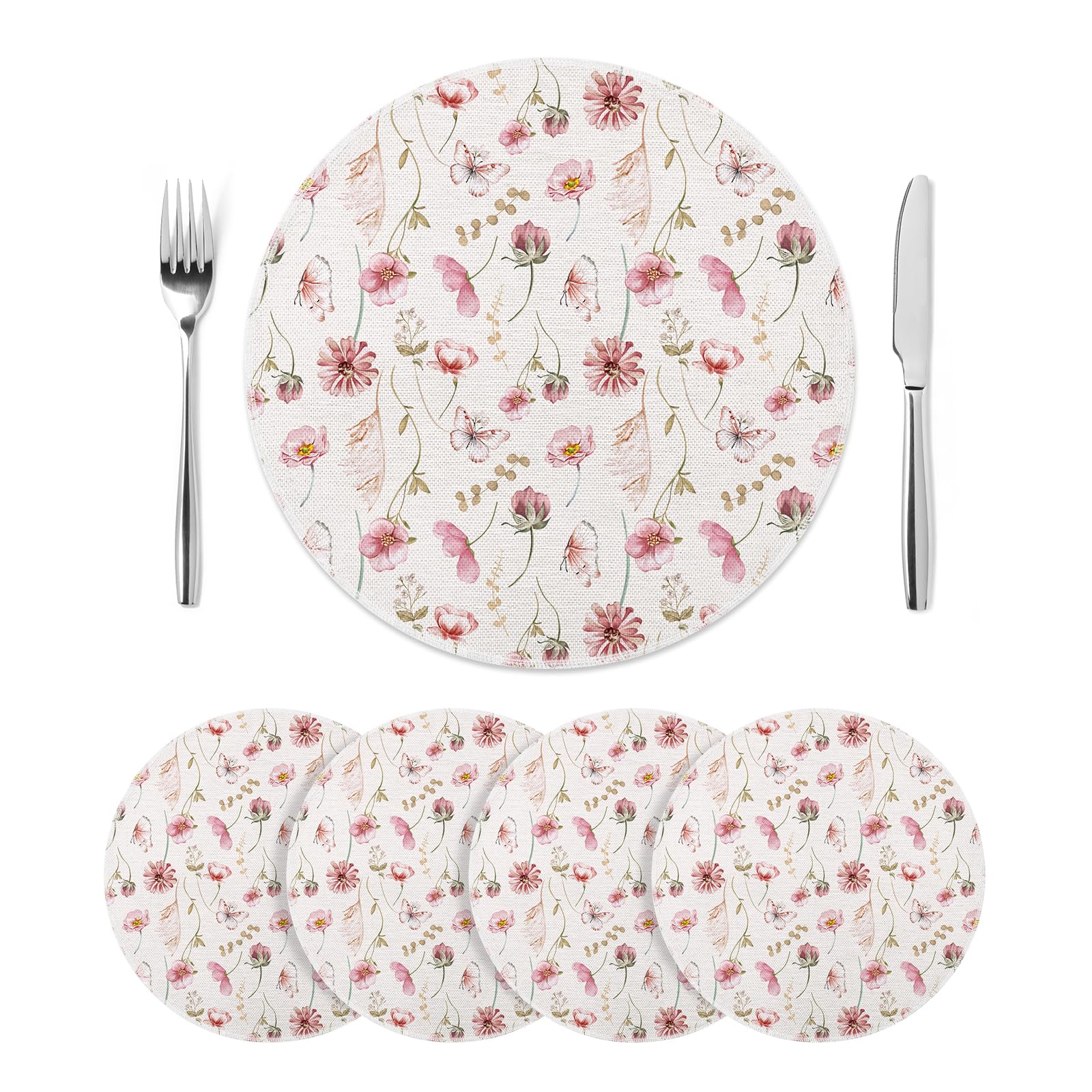 fanquare Pink Floral Placemats Set of 4, Elegant Flowers Round Table Mats