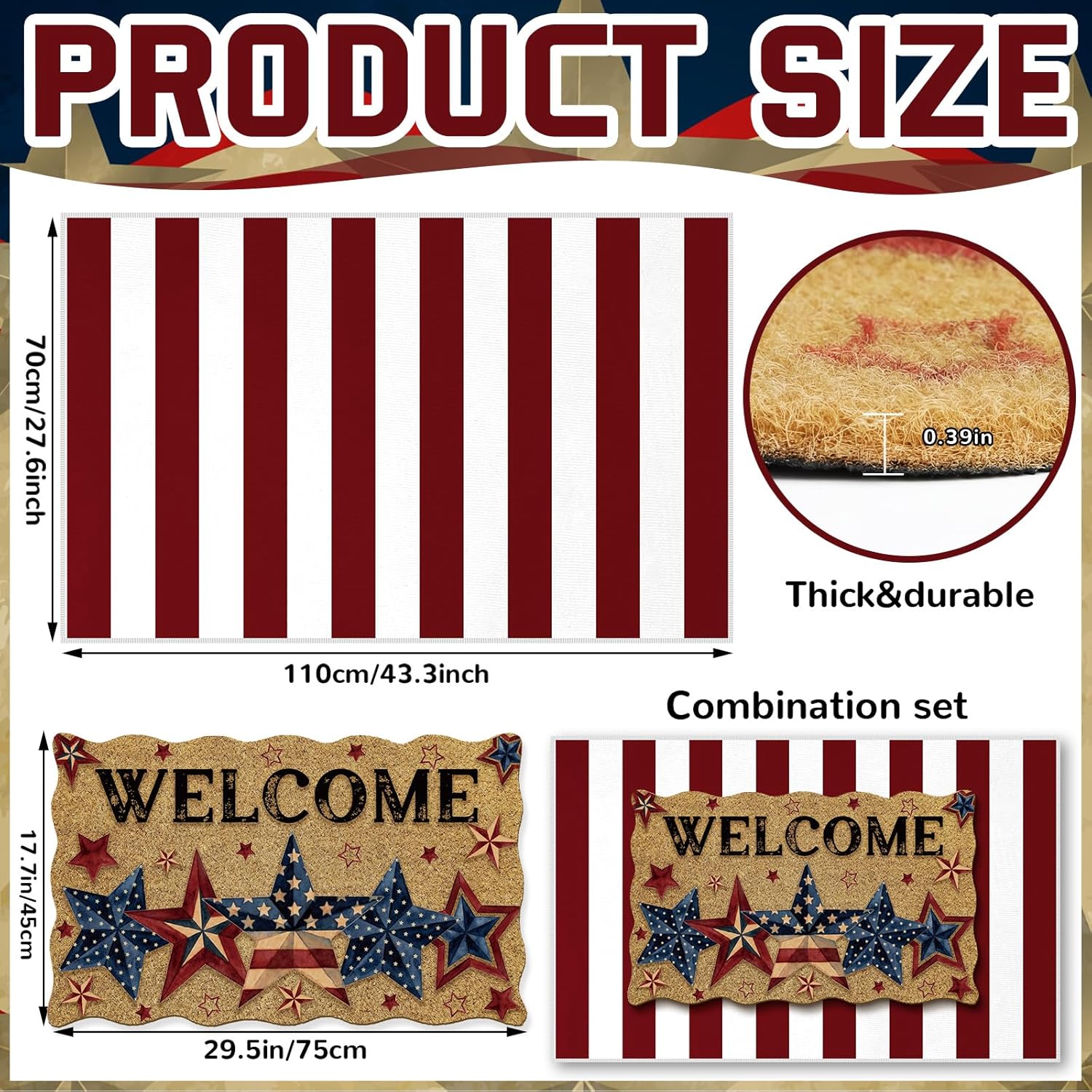 2 Piece Patriotic Doormats Combo Set 100% Coco Coir Star Welcome Mat Red Blue White 28 x 40 Inch Plaid Rug Layering Front Door America Anniversary for Independence Day Outdoor Entrance
