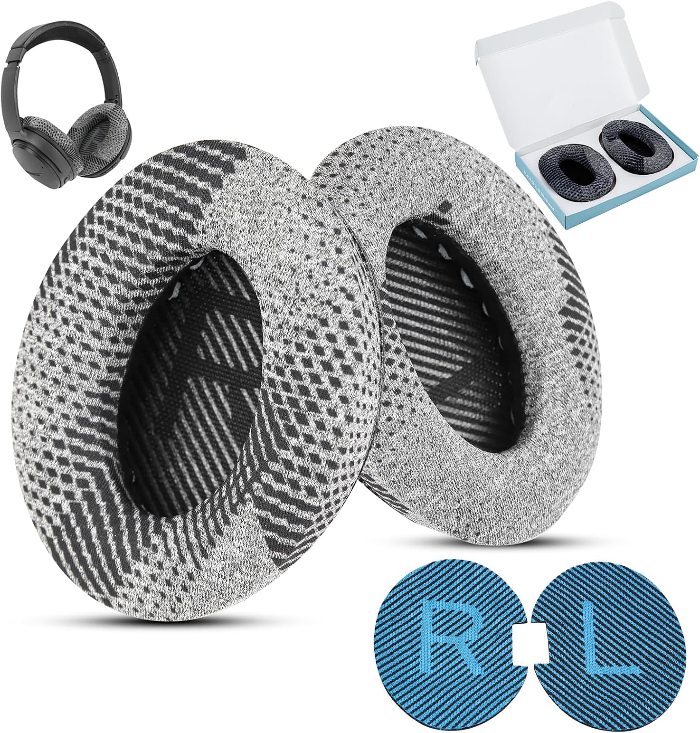 Cooling Gel Fabric Replacement Ear Pads for Bose QuietComfort 35 / QC35 II, Fits QC25 QC15 QC2 AE2i AE2w SoundLink & SoundTrue - Includes Blue & Black Gasket with Gift Box