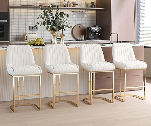 Miniatura 7 de Taburetes de bar beige con patas doradas de terciopelo de 26 pulgadas, juego de 2 sillas de isla de cocina modernas tapizadas con respaldo
