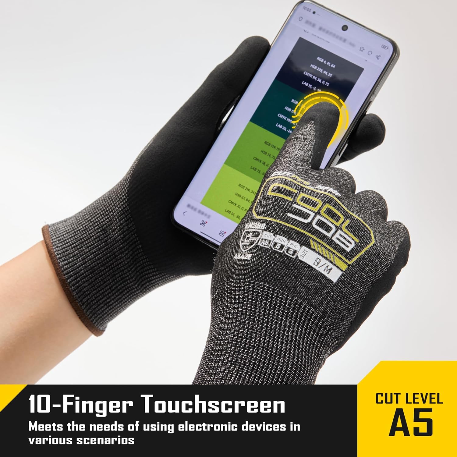 COOLJOB A5 Fiberglass Free Cut Resistant Gloves for Men, Touchscreen, Grip Nitrile Coated, No PFAS, Non Slip, Soft & Durable