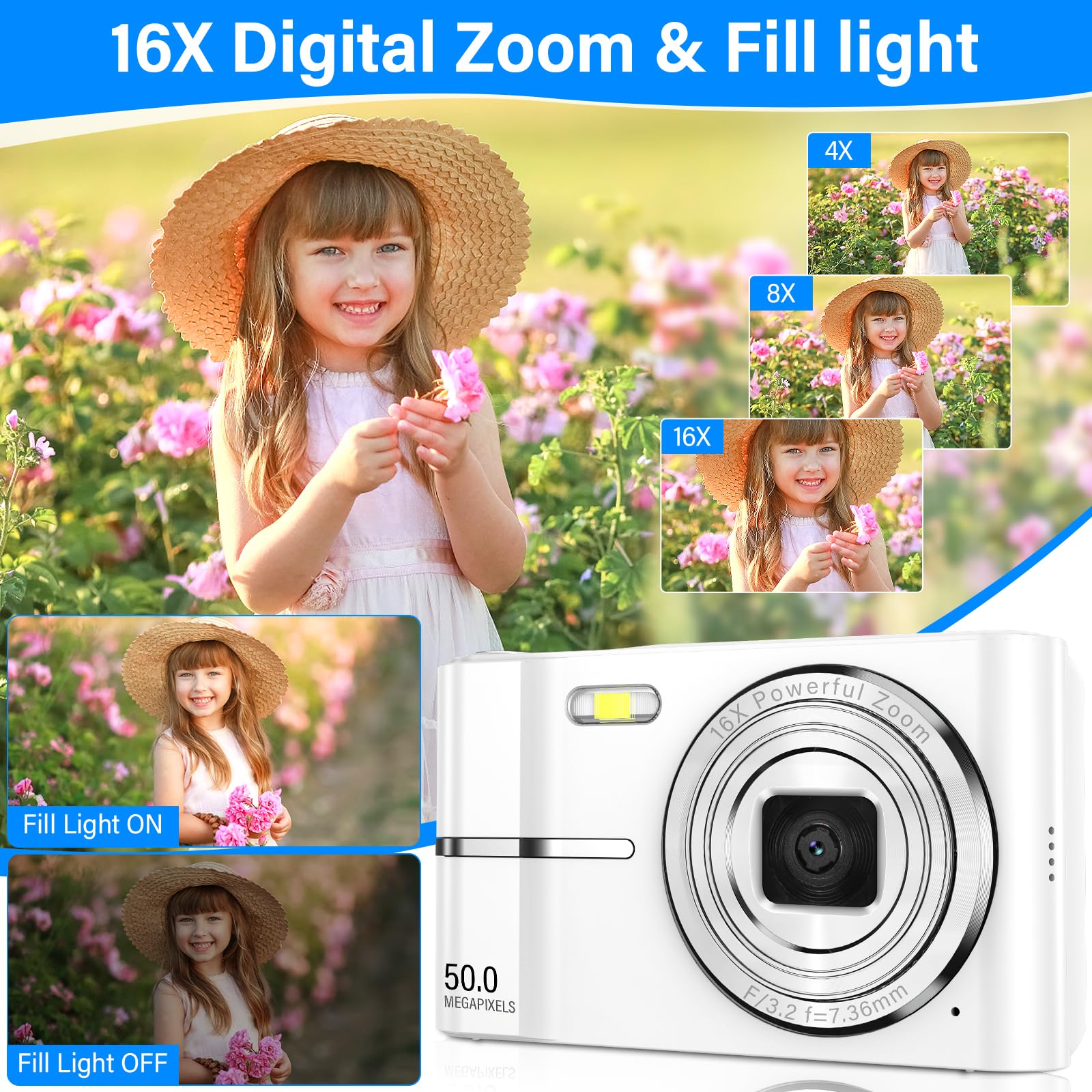 Macchina Fotografica Digitale 50MP 1080P FHD Fotocamera Digitale con Zoom Digitale 16X Ricaricabile Macchina Digitale Compatta con Scheda da 32GB per Bambini Studenti Principianti (Bianco)