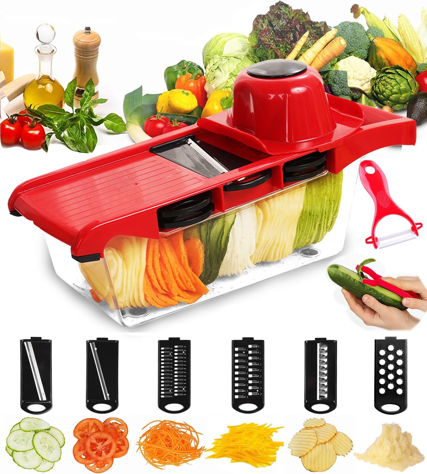 Adjustable Mandoline Slicer Set in 2 Ways, ZARR Vegetable Peeler / Cutter / Chopper / Grater with 5 Thickness Interchangeable Stainless Steel Blades+Safety Holder+Food Container (10-in-1, Red)