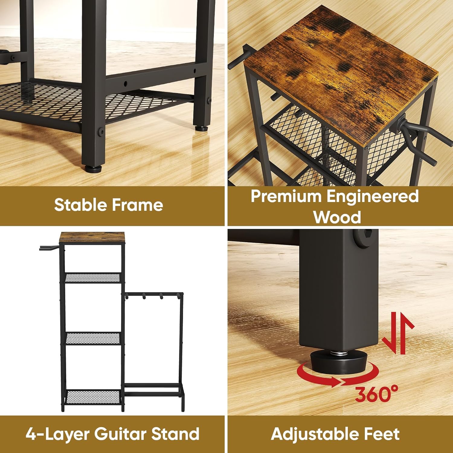 yeshine Guitar Stands Floor with 4 Guitar Holders, 4-Tier Guitar Stand Multiple Guitars, Guitar Rack with Amp Stand & Protect Foam, Multi Guitar Stand for Music, Guitar Accessories for Music Lover